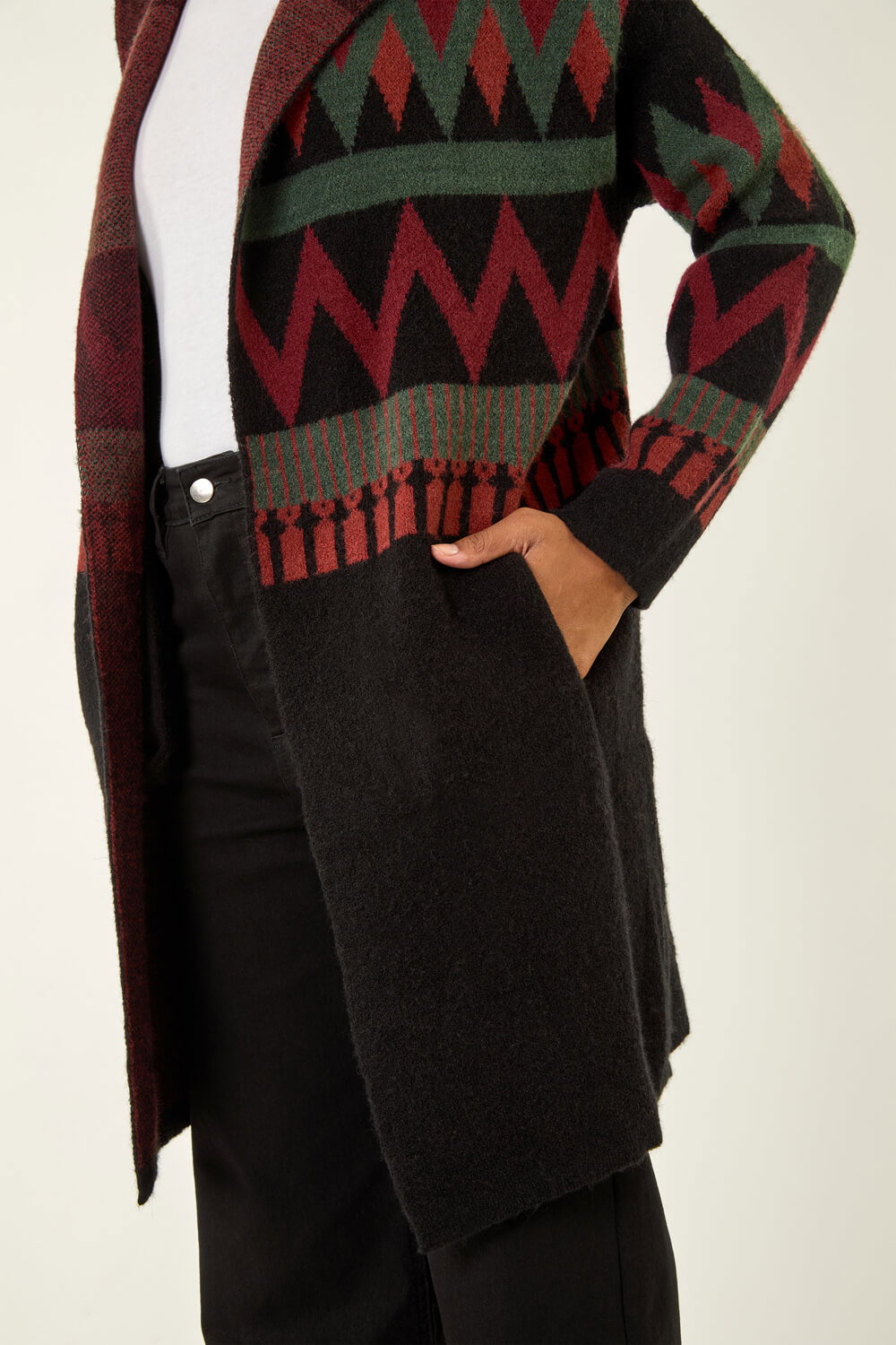 Black Nordic Pattern Hooded Knit Cardigan, Image 6 of 5
