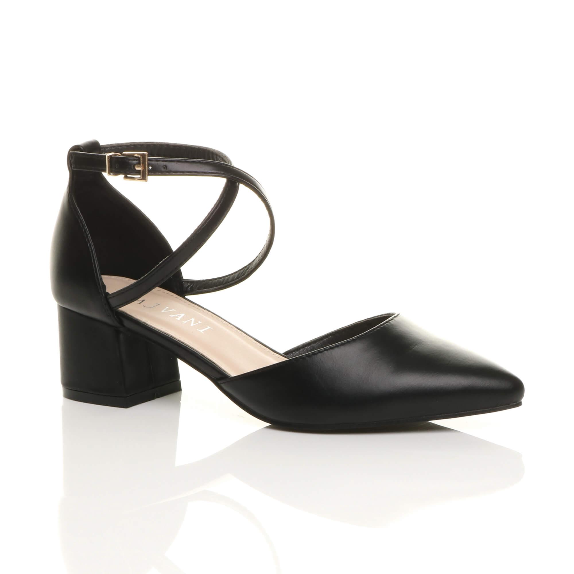 Black Mid Block Heel Crossed Strap Pointed Toe 2 Part Heels