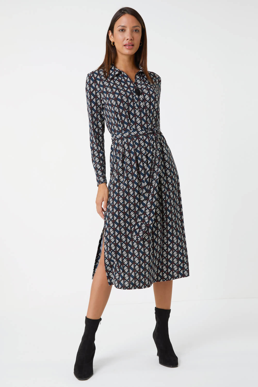 Teal Geometric Print Midi Stretch Dress, Image 1 of 5