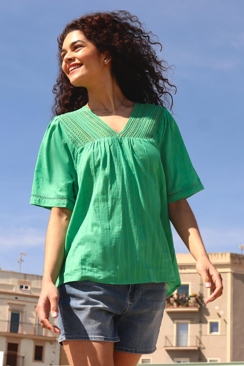 Emerald Lace Detail Cotton T-Shirt, Image 1 of 5