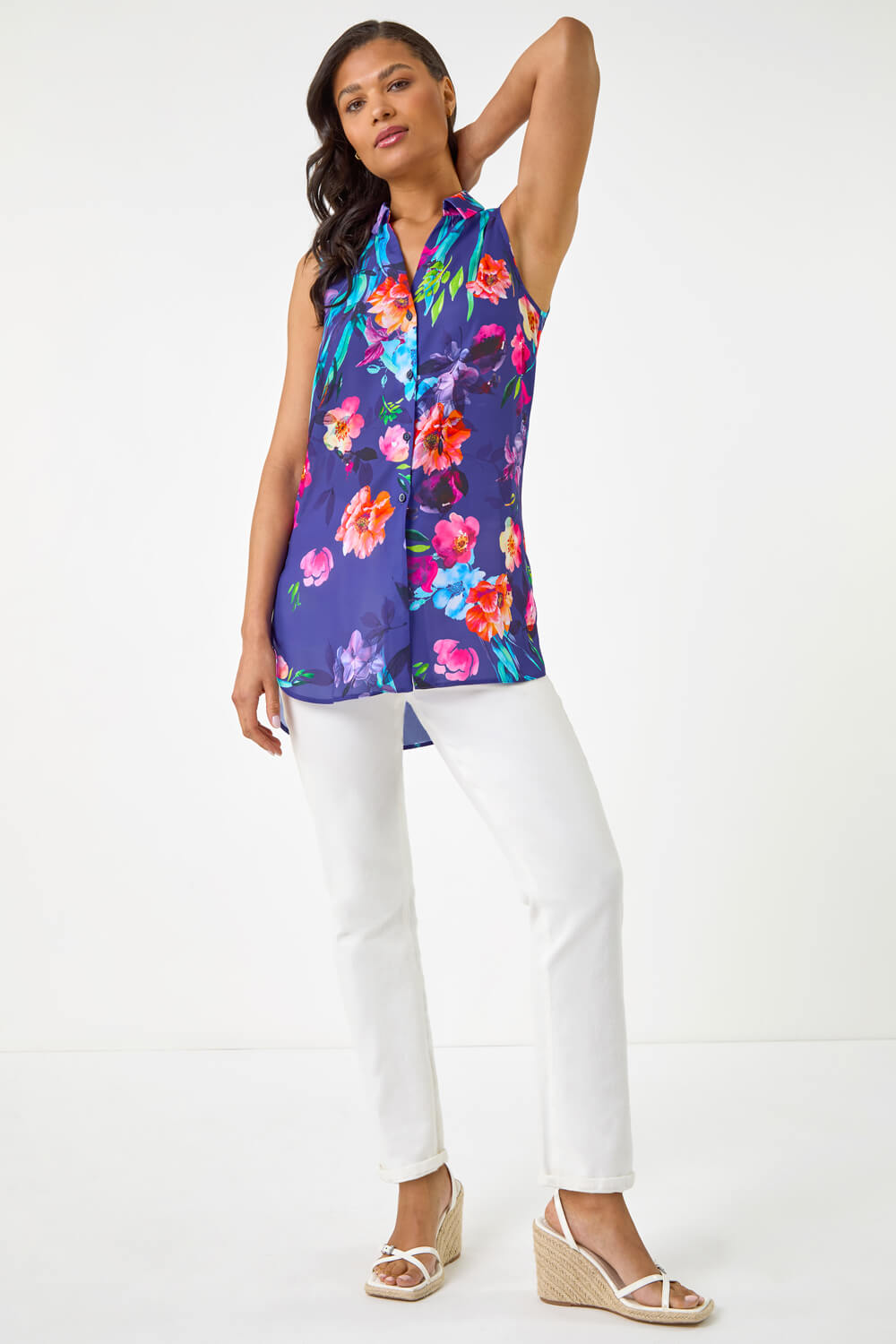 Purple Floral Leaf Print Longline Button Up Blouse, Image 4 of 5
