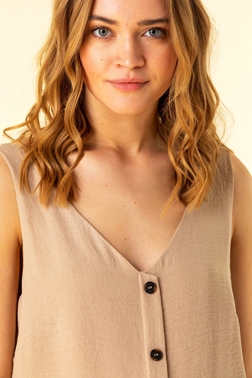 Stone Button Front Sleeveless Top, Image 5 of 4