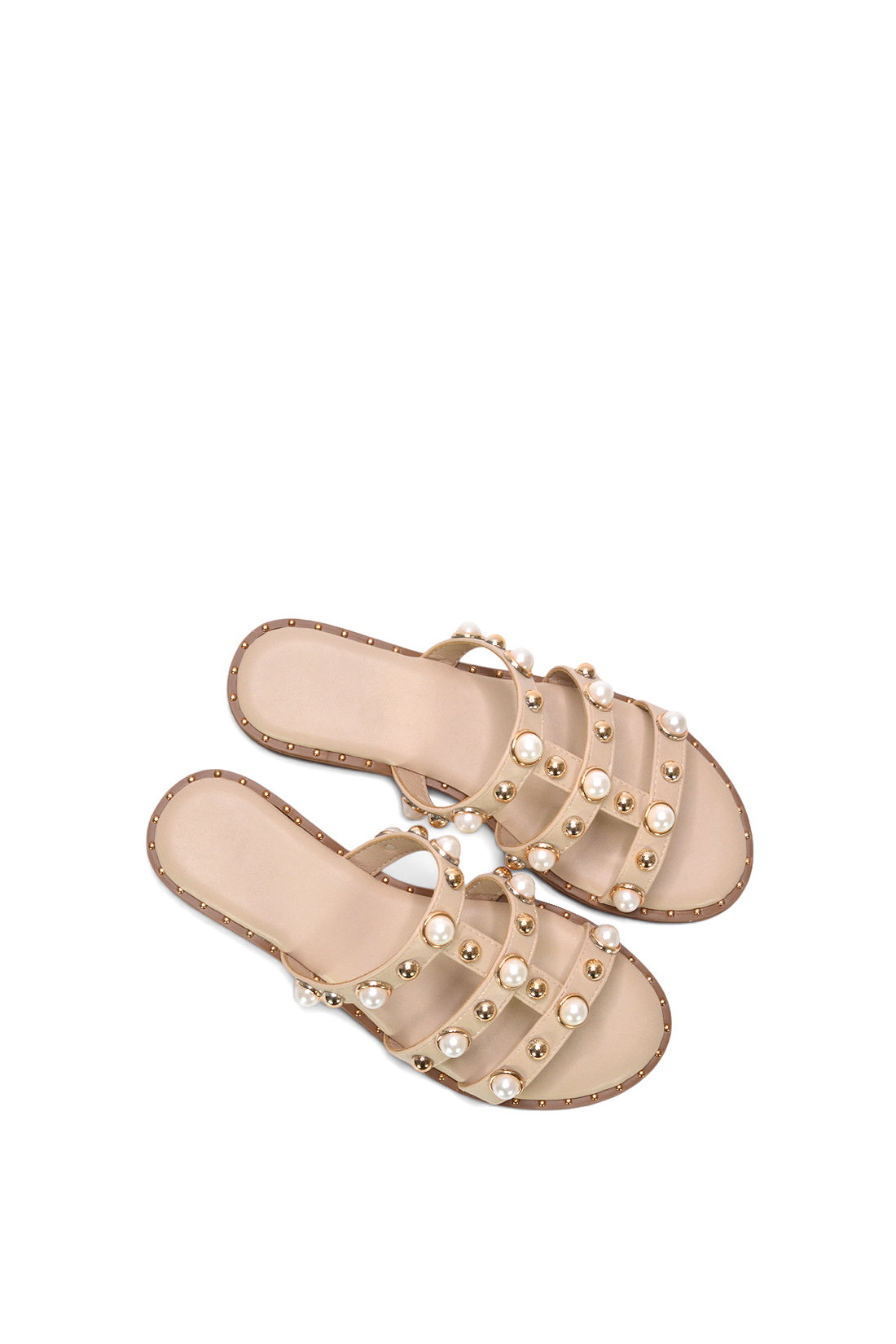Beige Slip On Sandals With Peal Studded Straps, Image 6 of 6