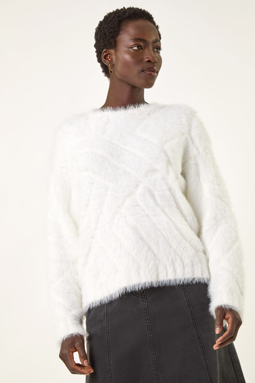 Ivory  Fluffy Stripe Knit Jumper, Image 5 of 5