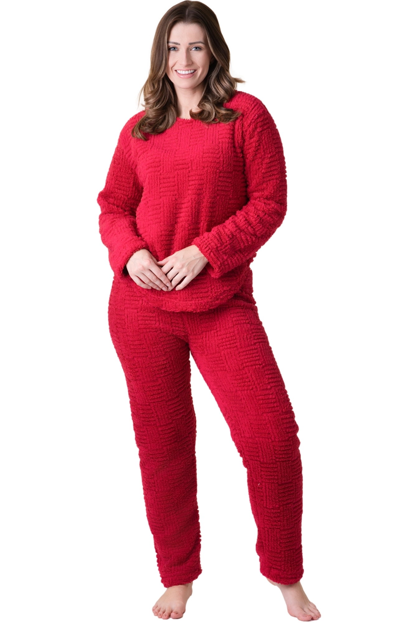 Burgundy Supersoft Textured Woven Pattern Fleece Pyjamas, Image 1 of 5