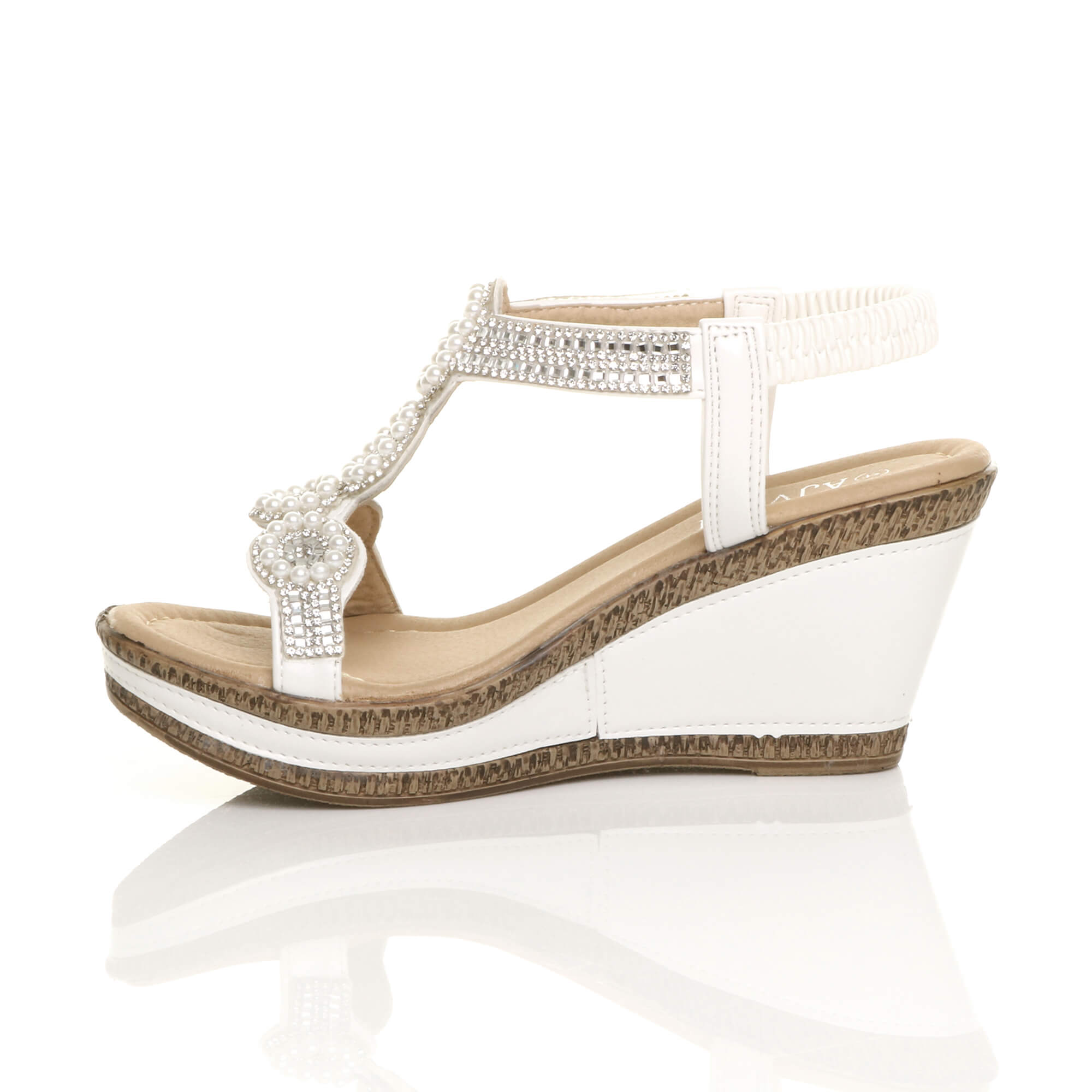 White AJVANI White High Wedge Heel Diamante T-Bar Slingback Sandals, Image 3 of 6
