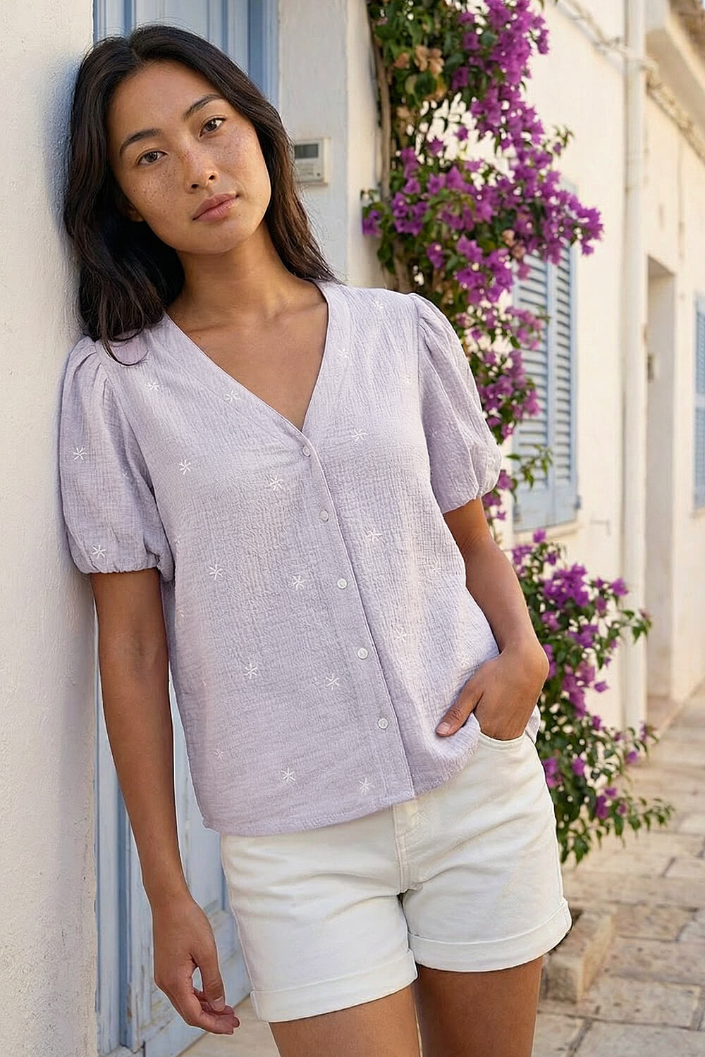 Lilac Petite Embroidered V-Neck Top, Image 3 of 4