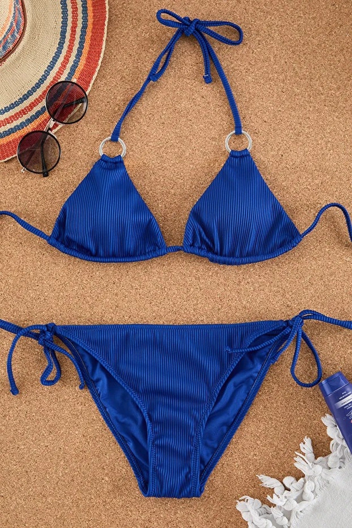 Royal Blue WOVCOR Royal Blue Ribbed Triangle Bikini Set with Ring Detail, Image 3 of 5