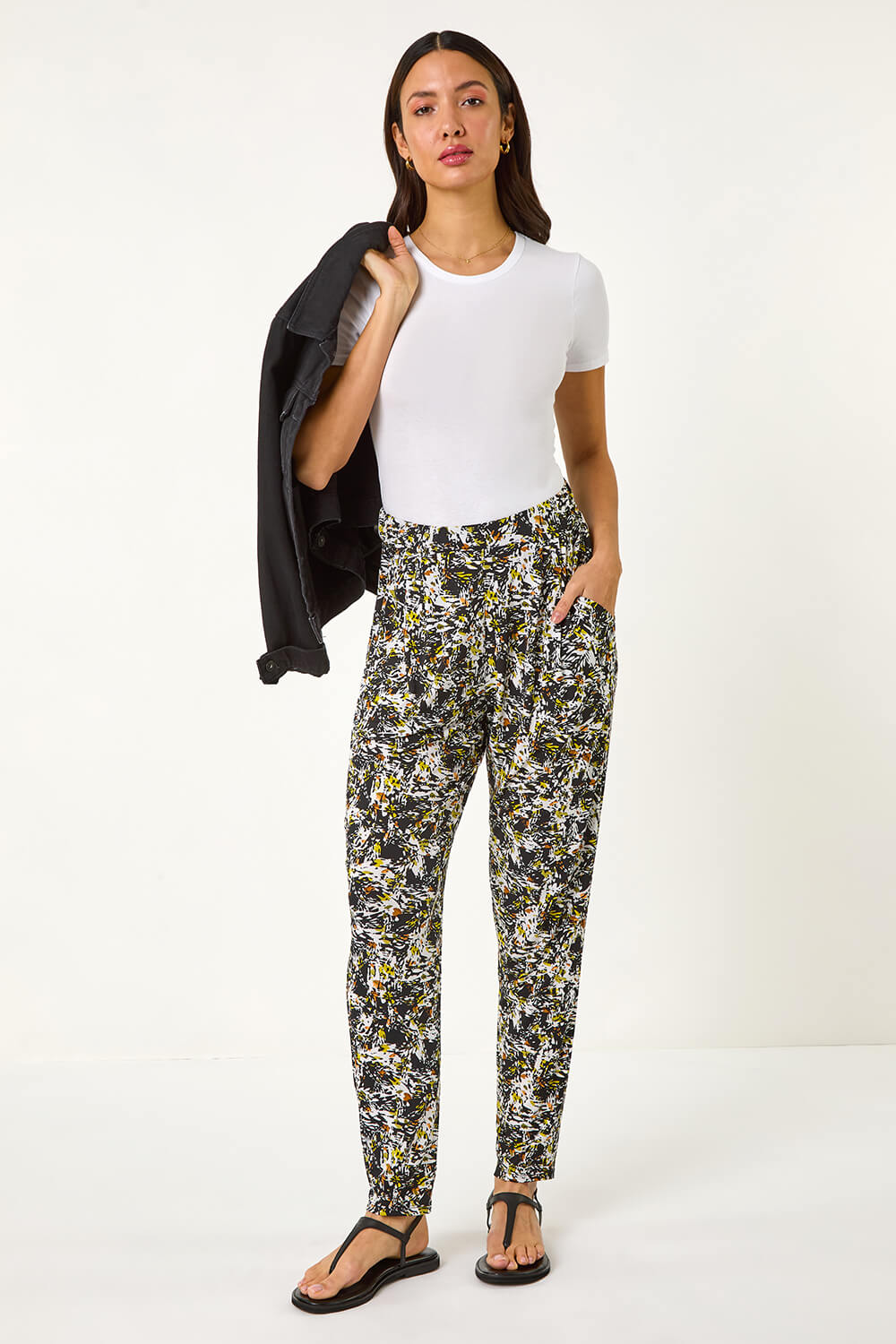 Black Abstract Print Harem Straight Trousers, Image 3 of 5