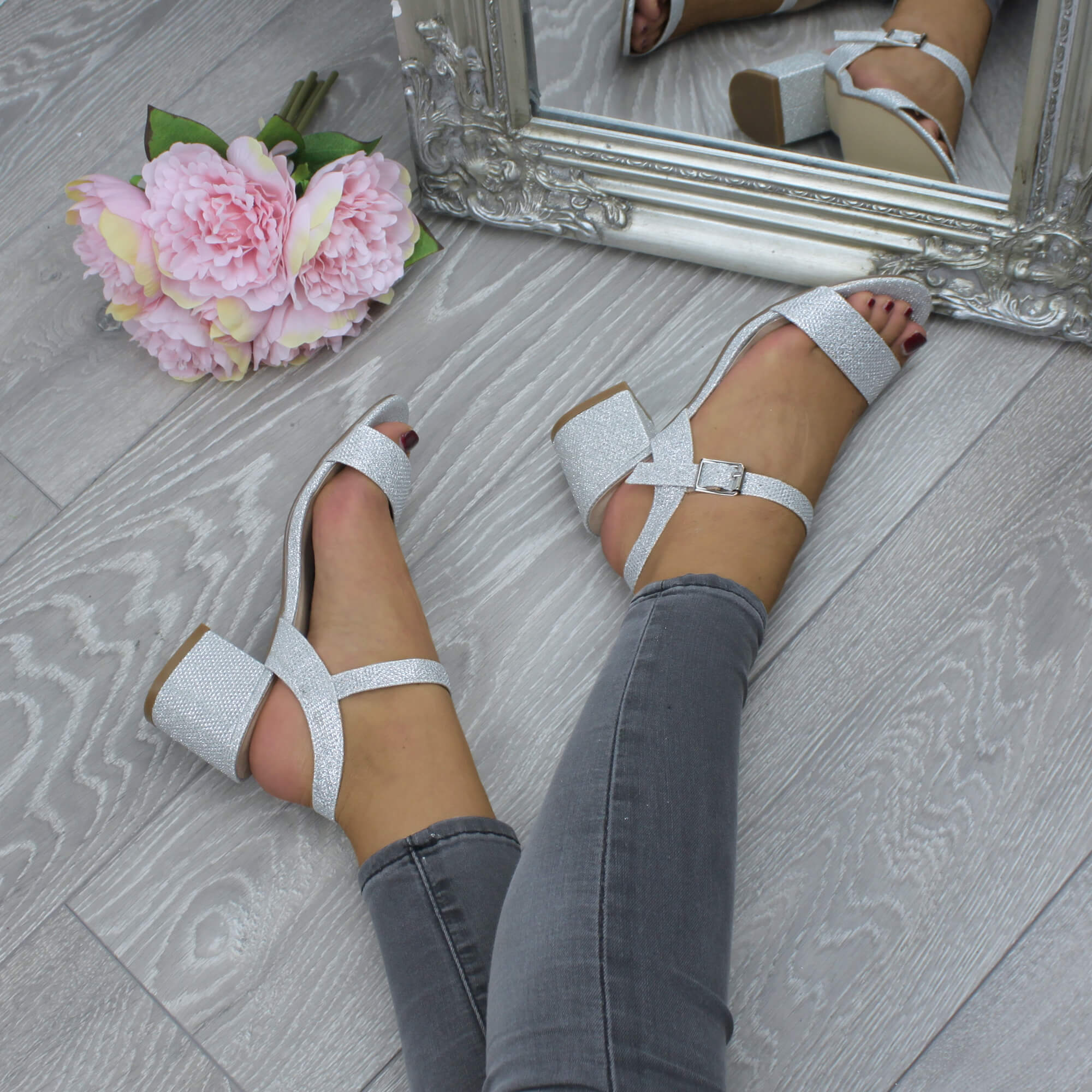Silver AJVANI Silver Mid Block Heel Strappy Sandals, Image 5 of 6