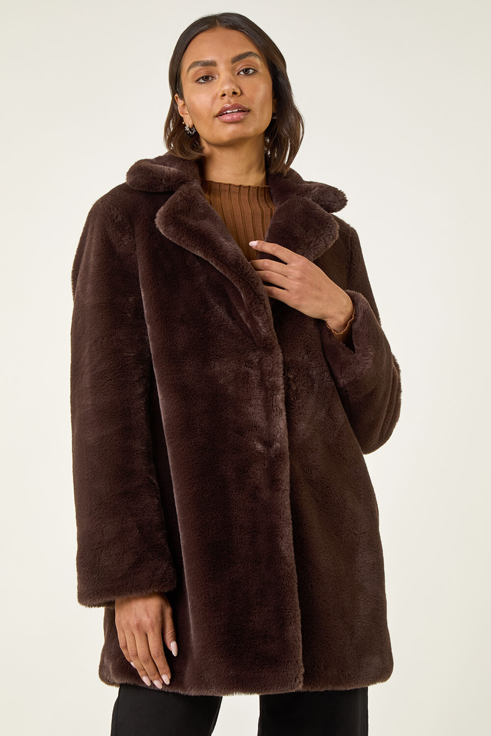 Chocolate Faux Fur Longline Coat, Image 5 of 6