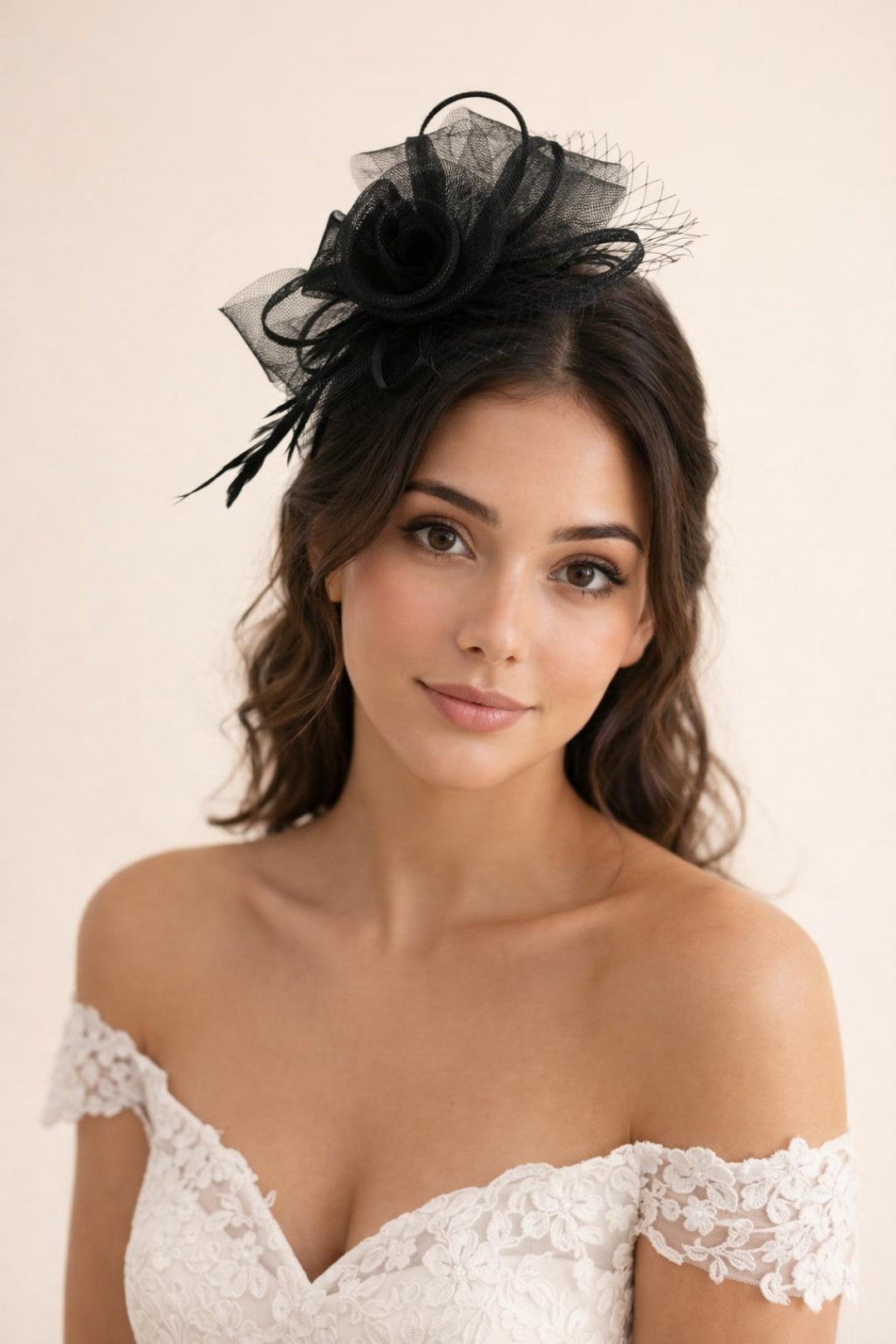 Black Double Flower Feather Fascinator, Image 1 of 2