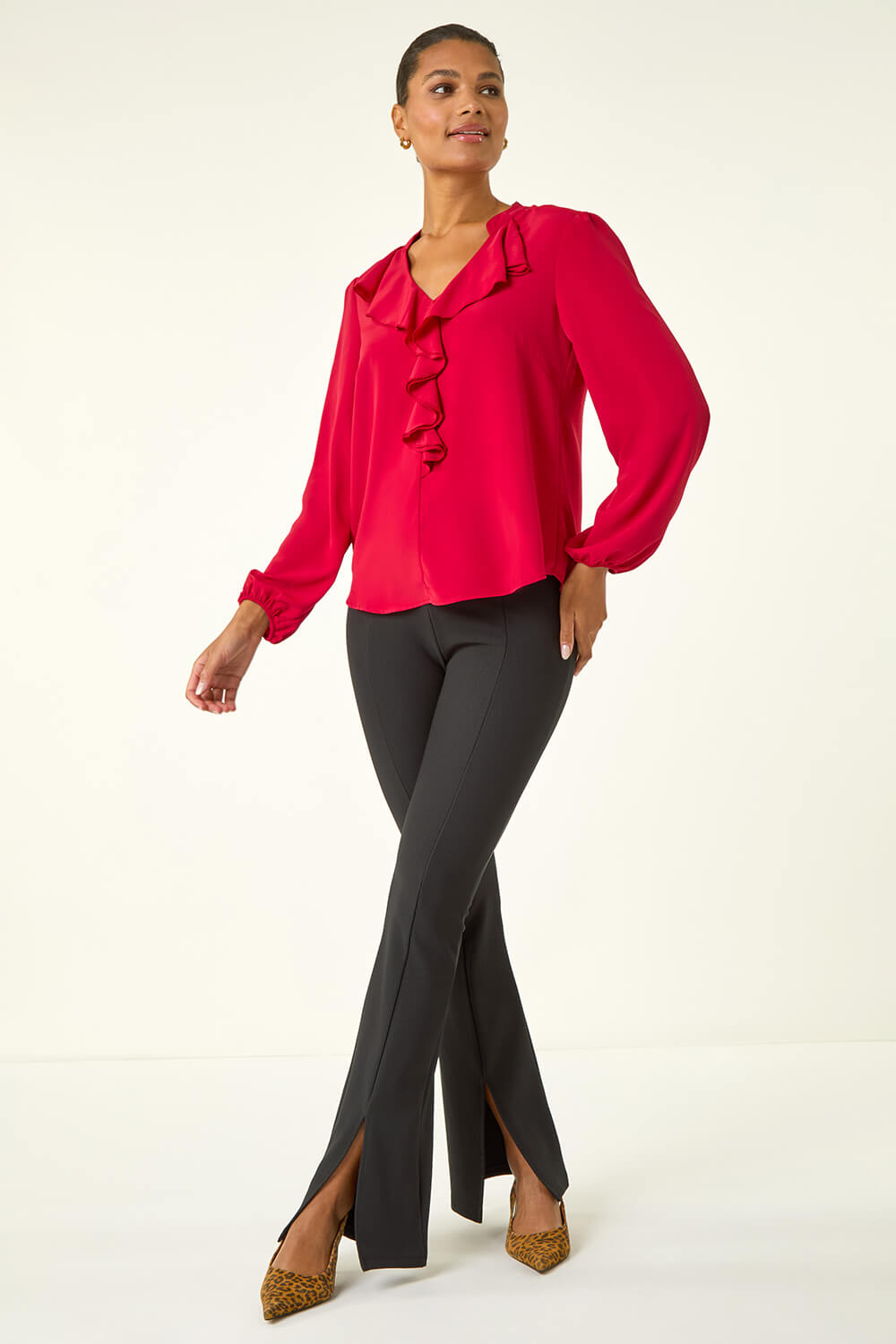 Red Ruffle Neck Blouse, Image 3 of 5