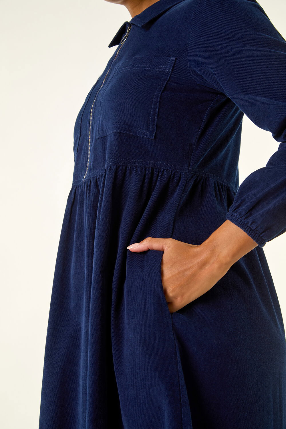 Navy  Corduroy Zip Detail Midi Dress, Image 6 of 5