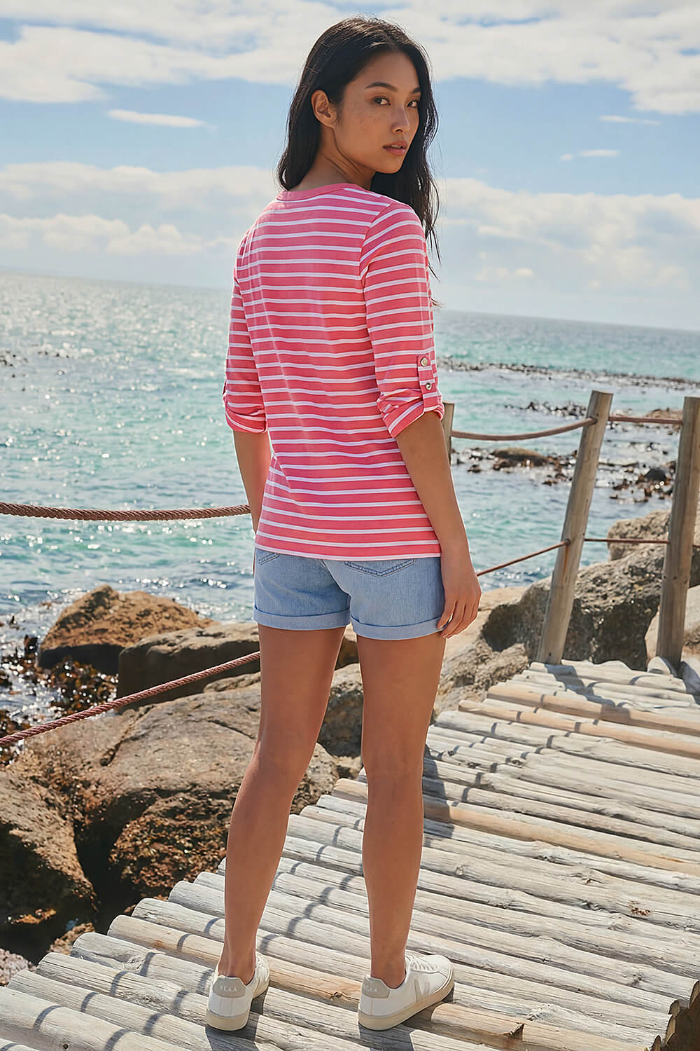 PINK Petite Stripe V-Neck Button Top, Image 4 of 4
