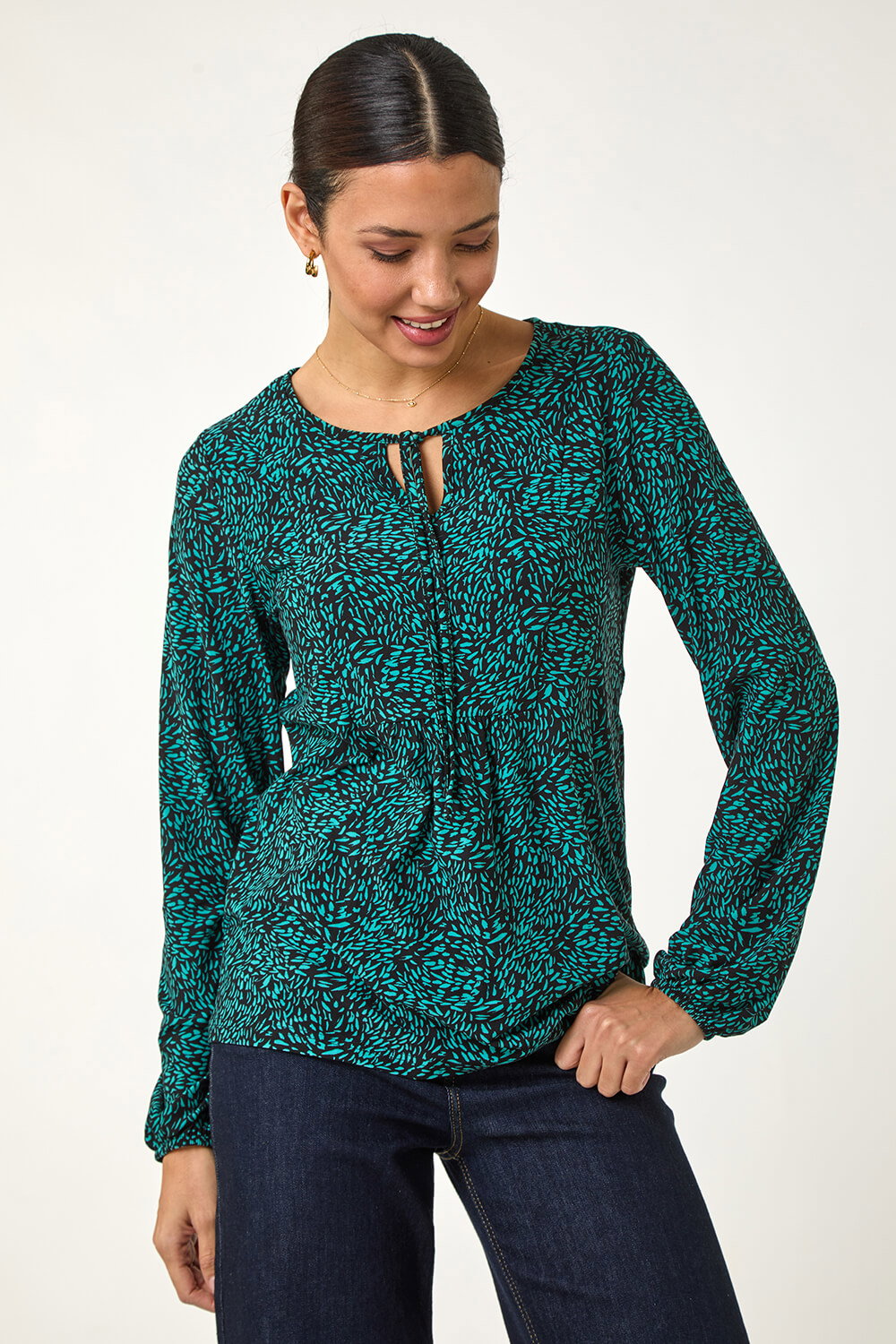 Teal Printed Tie Neck Top, Image 1 of 5