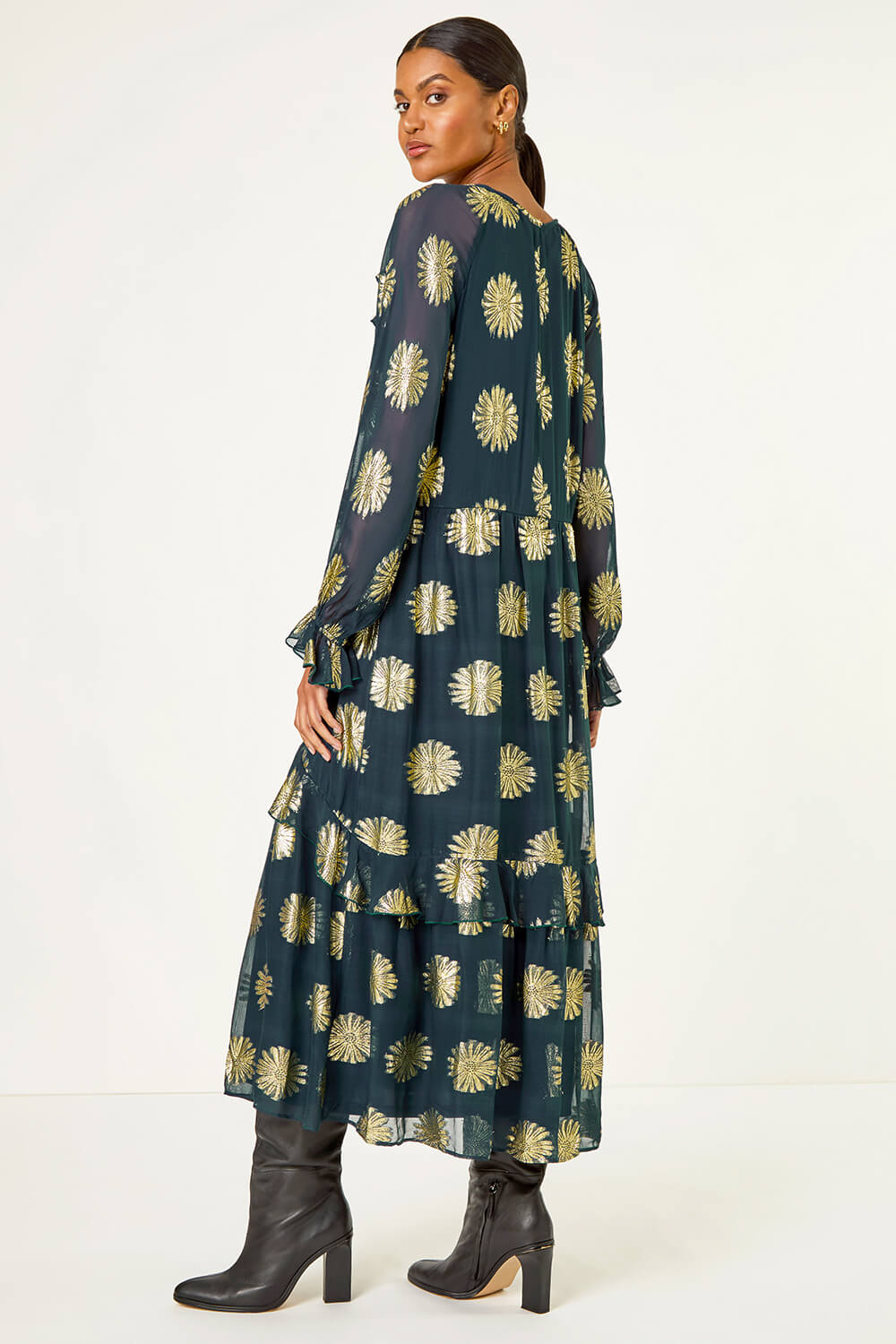 Teal Frill Brocade Midi Dress, Image 4 of 5