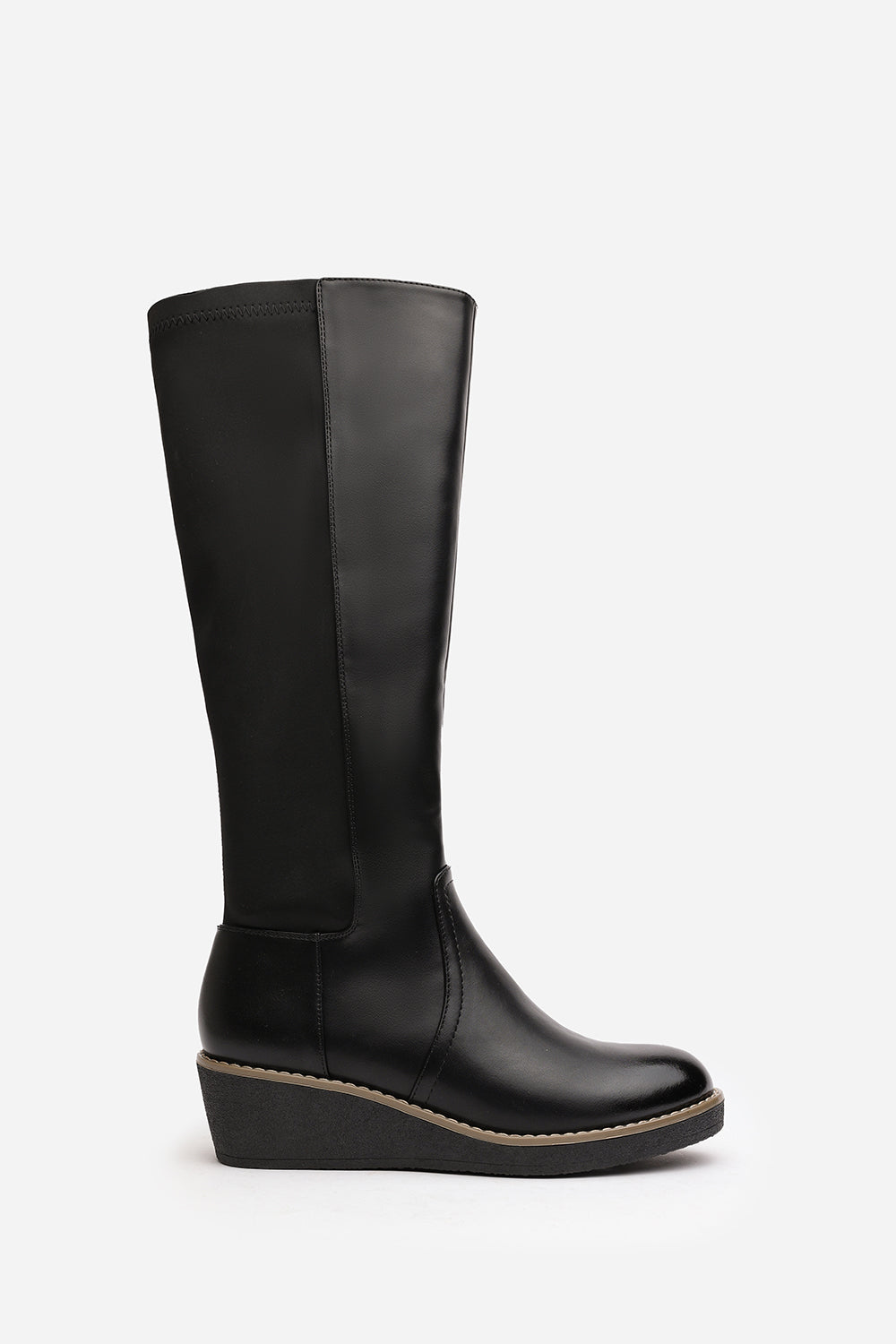 Black 'Livia' Knee High Wedge Boot Stitch Detail, Image 2 of 6