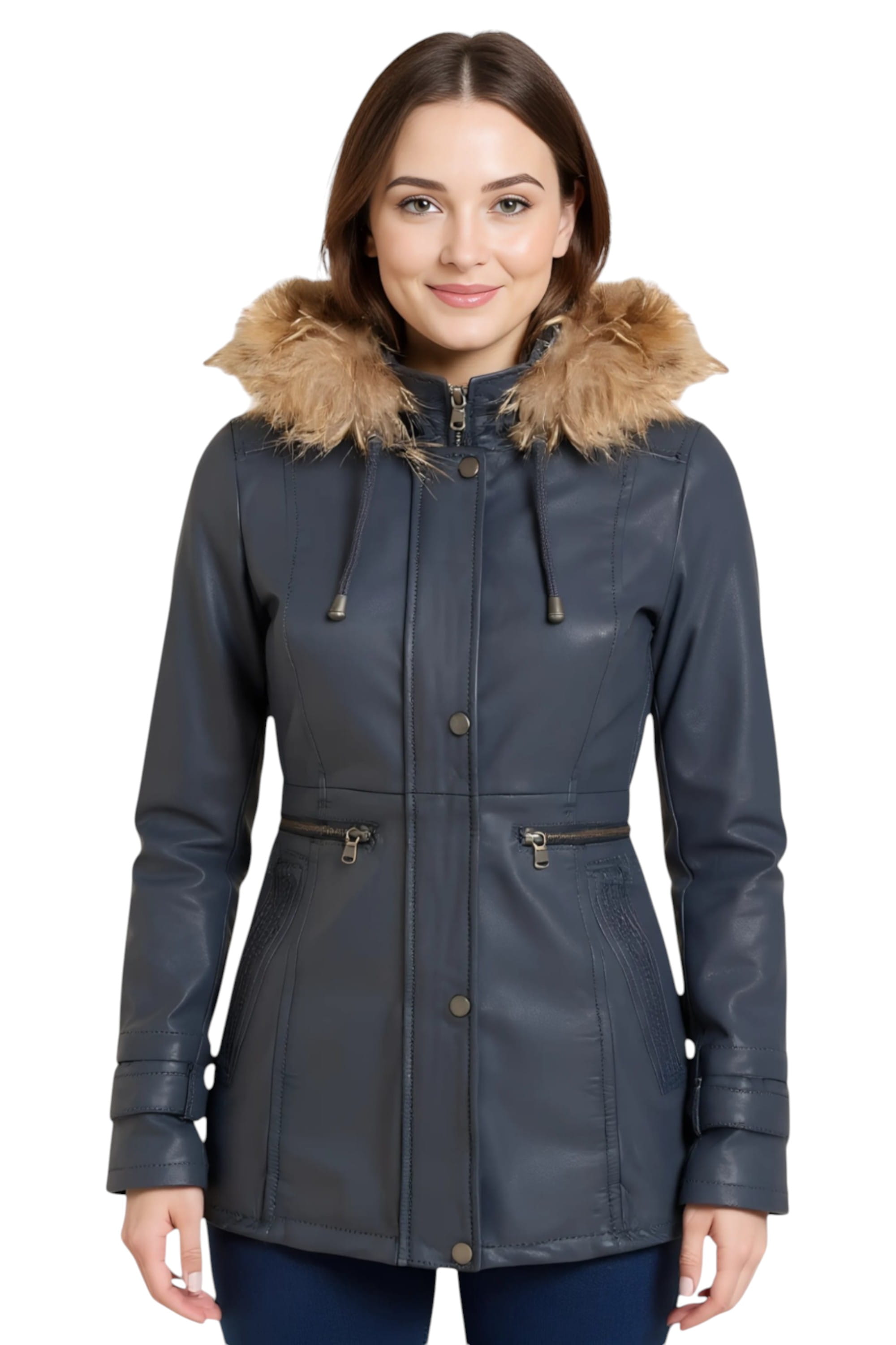Blue Leather Hooded Parka Jacket-Charleville, Image 1 of 6