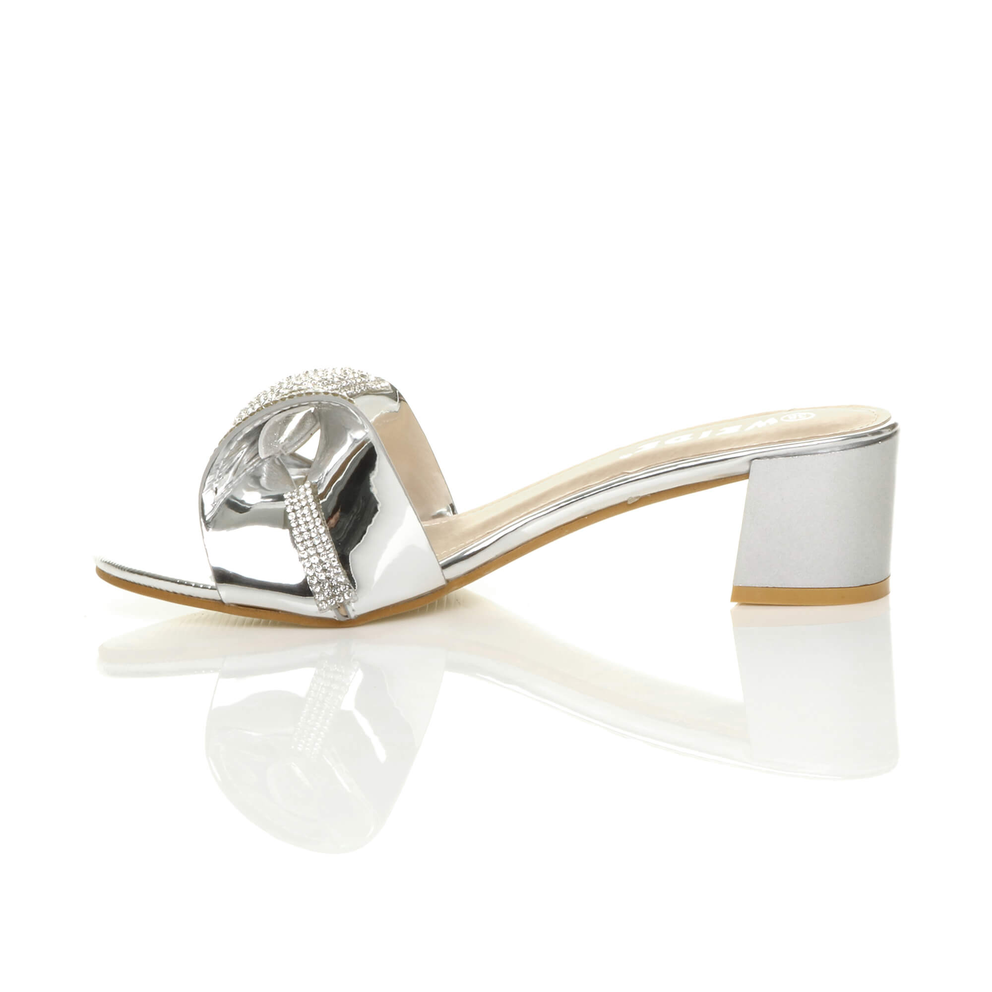 Silver Mid Block Heel Diamante Bow Mules Sandals, Image 3 of 8
