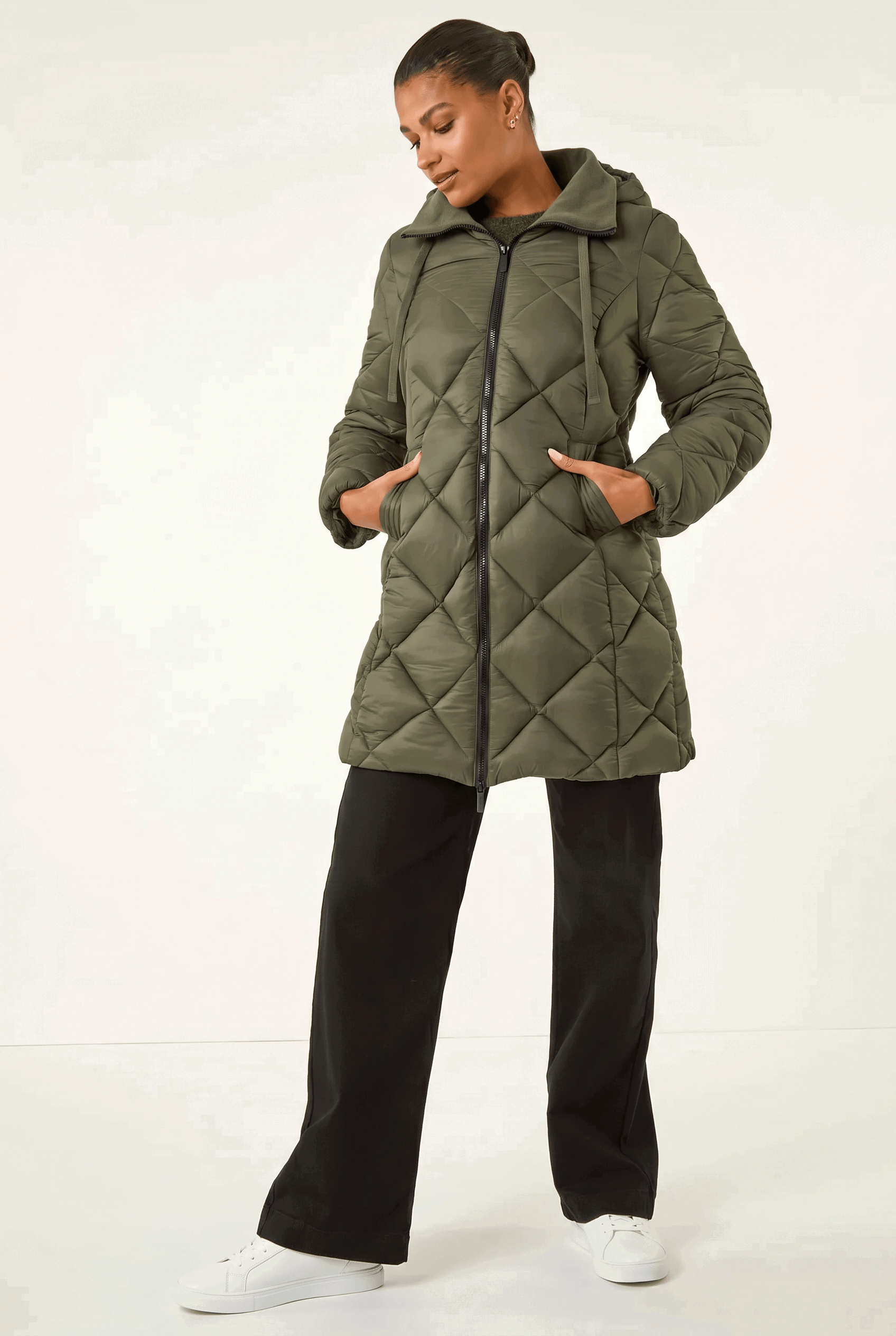 Khaki Hooded Diamond Quilt Padded Coat, Image 3 of 5