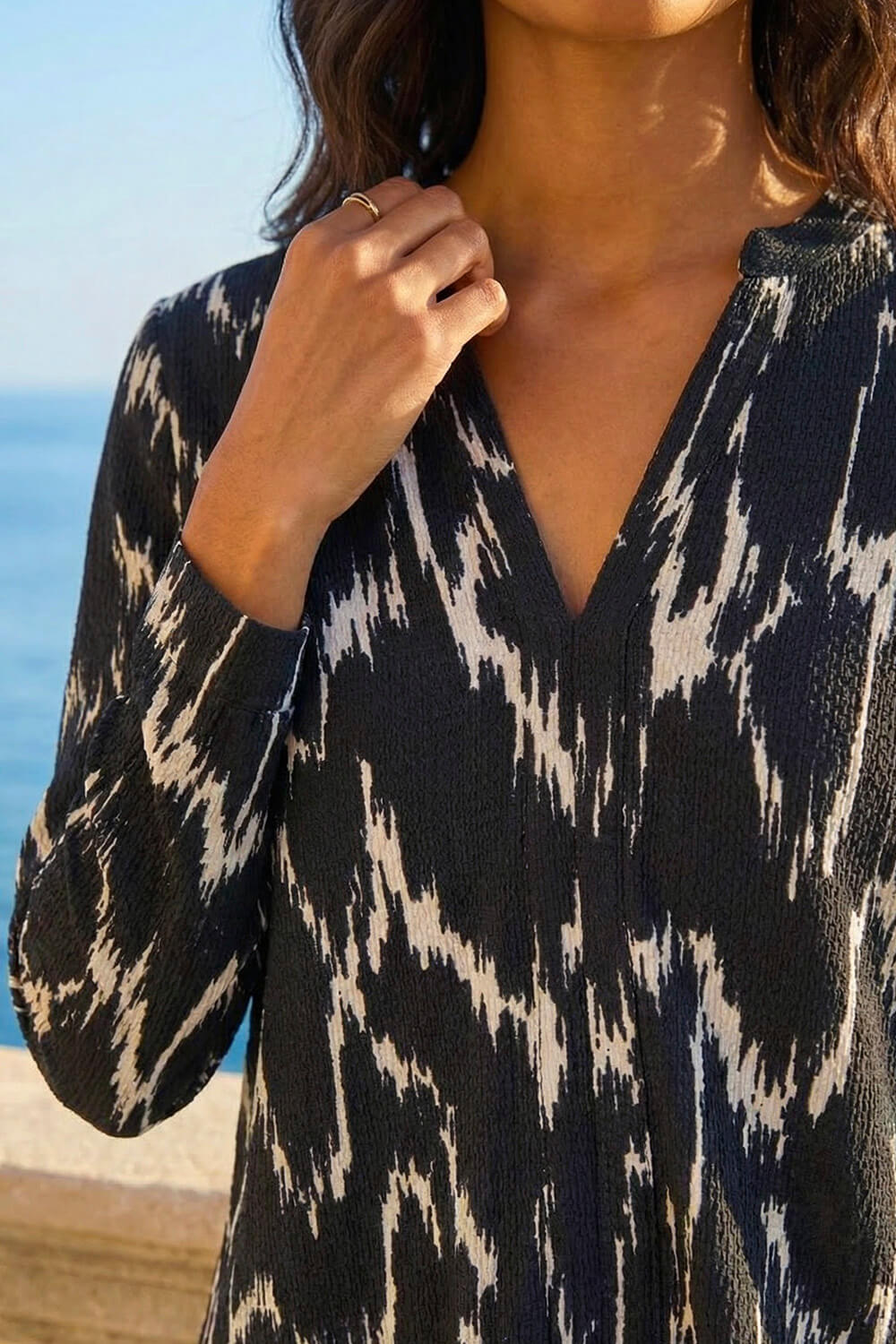 Black Printed Notch Neck Shirt, Image 5 of 4