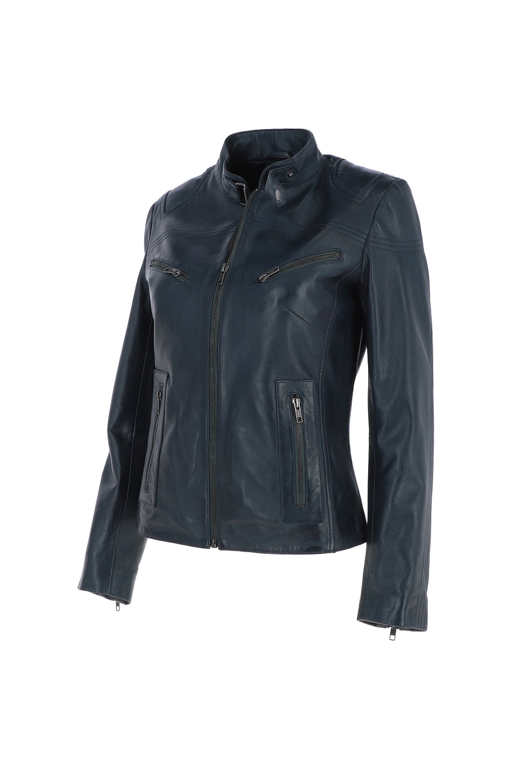 Navy 'lolita' Real Leather Mandarin Collar Biker Jacket, Image 3 of 5