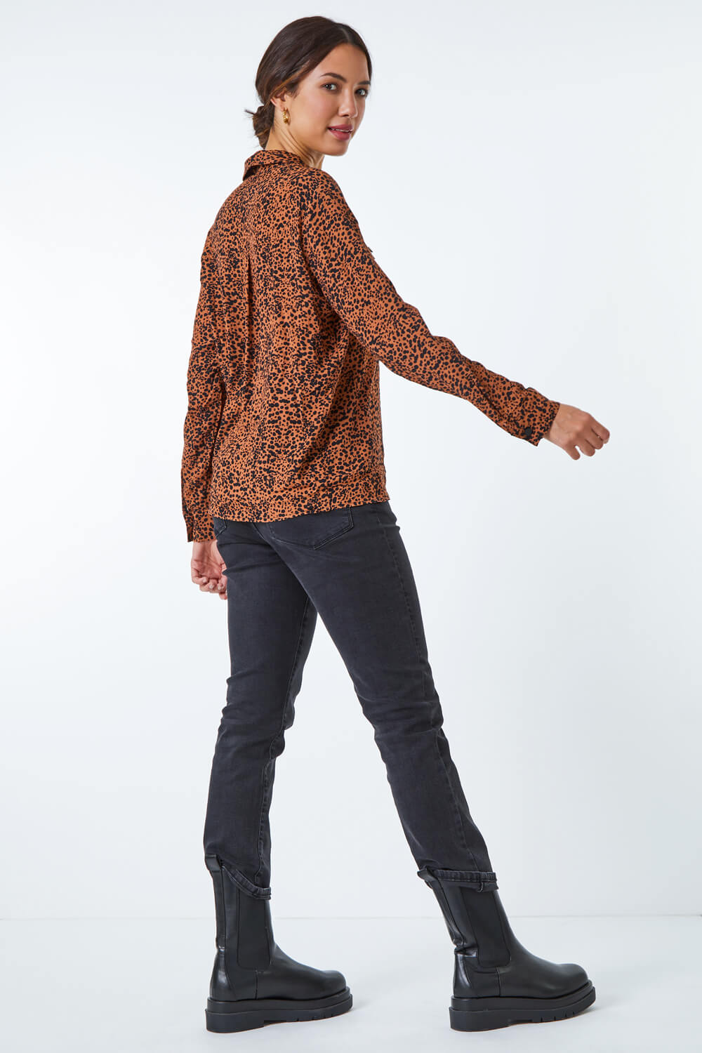 Camel Leopard Print Pocket Detail Long Sleeve Blouse, Image 4 of 5