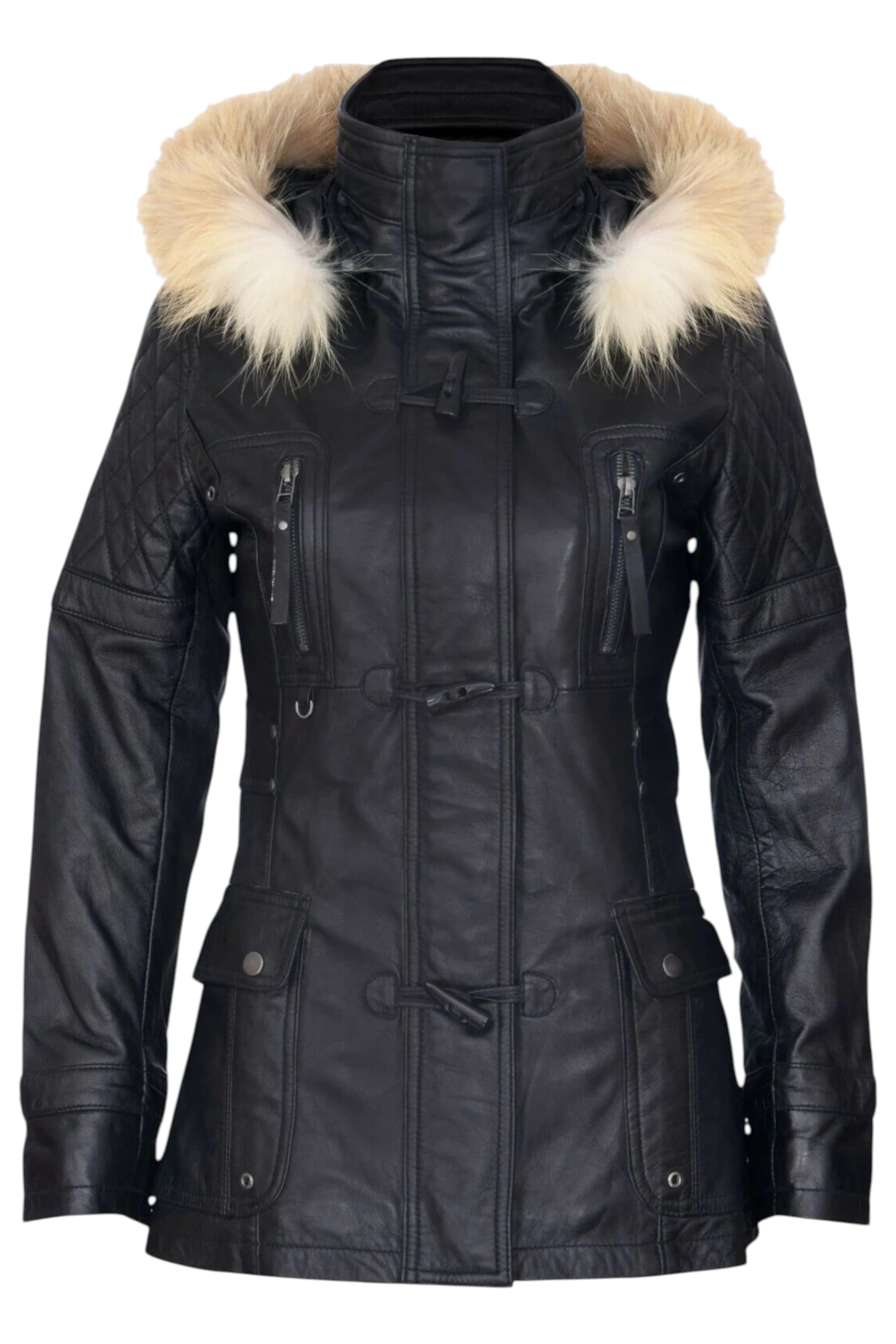 Black Lamb Leather Parka Fur Hood Jacket, Image 2 of 6