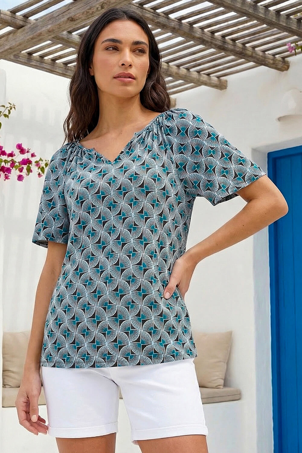 Blue Abstract Print V-Neck Stretch Top, Image 1 of 4