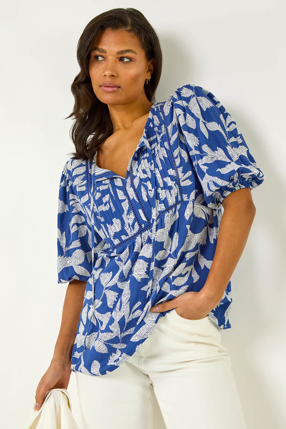 Blue Leaf Print Tie Neck Pleated Top, Image 1 of 6