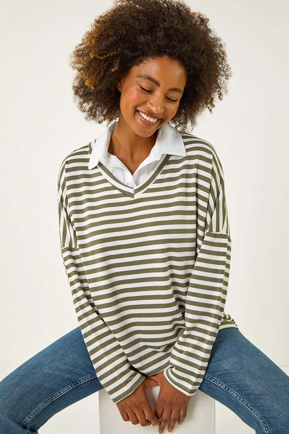 Khaki Stripe Mock Shirt Top, Image 4 of 5