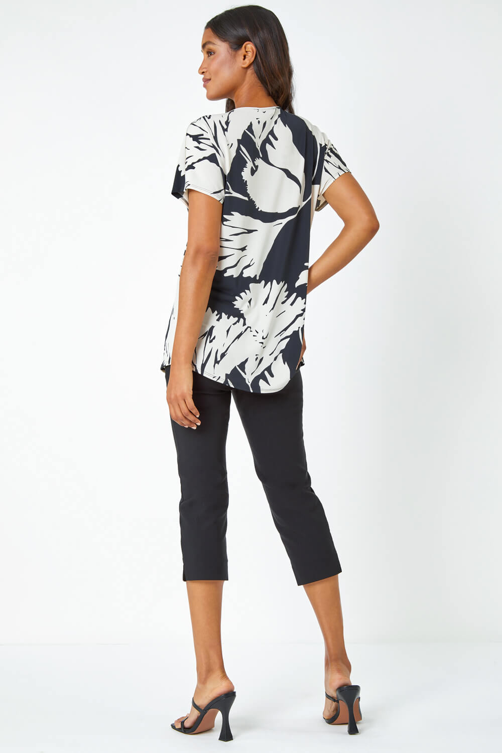 Black Palm Print Button Detail V-Neck Top, Image 4 of 5