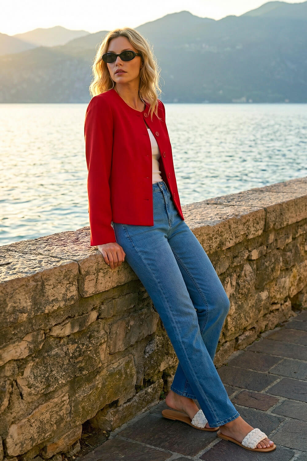Red Crepe Textured Suit Jacket, Image 3 of 5