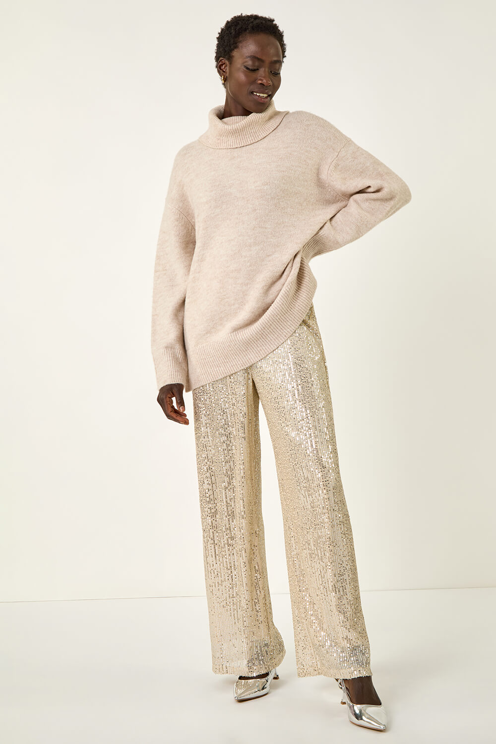 Silver Sequin Wide Leg Trousers, Image 5 of 7