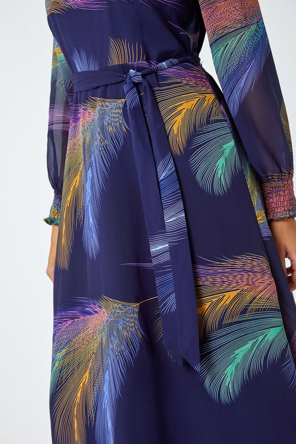 Purple Feather Print Belted Midi Dress, Image 6 of 5