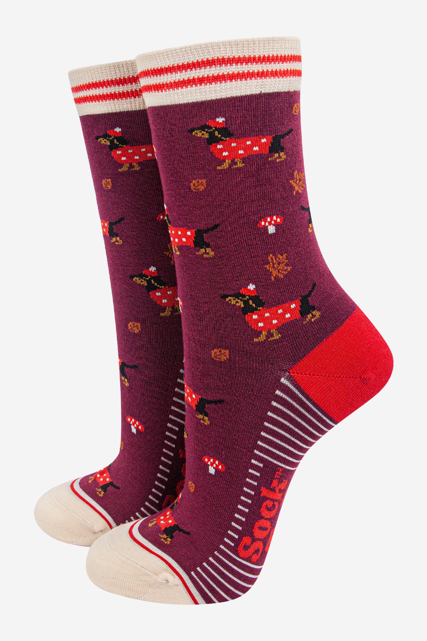 Burgundy Sausage Dogs Toadstools Bamboo Socks, Image 1 of 4