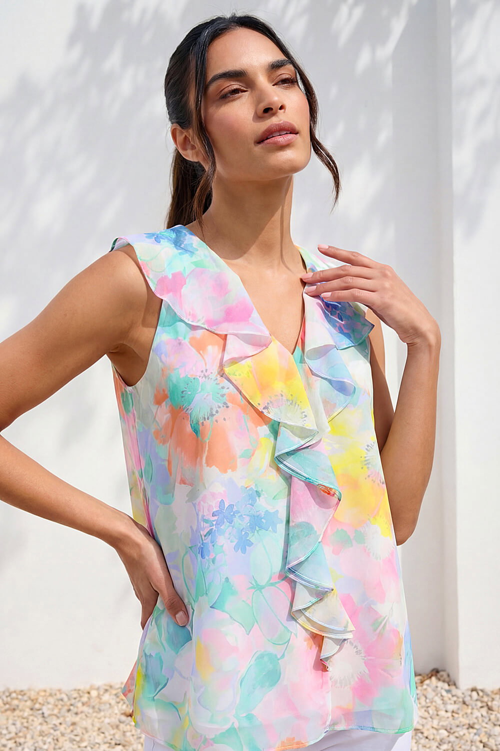 Green Floral Print V-Neck Ruffle Front Top, Image 1 of 4