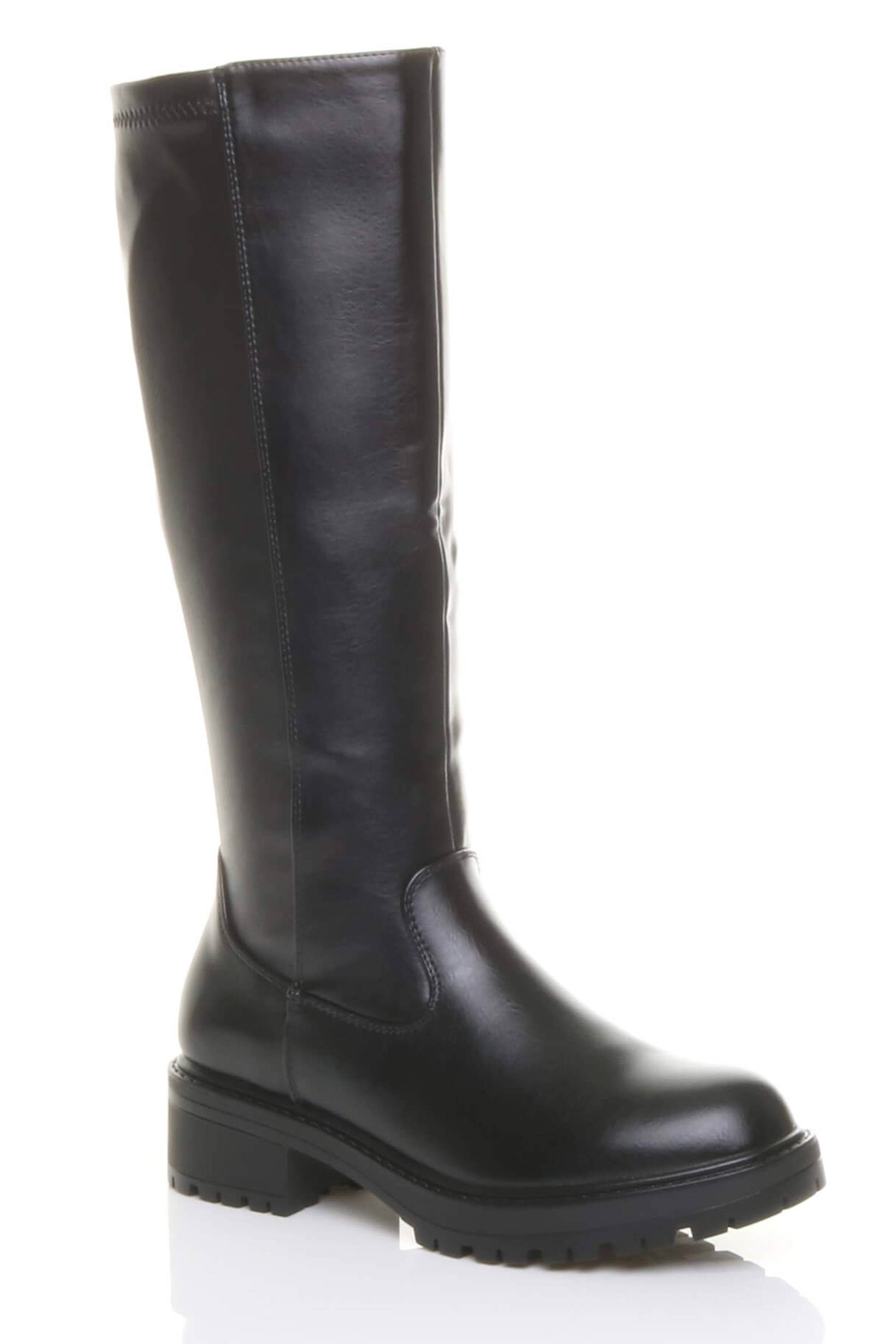 Black AJVANI Black Chunky Sole Zip Stretchy Elastic Riding Calf Boots, Image 2 of 4