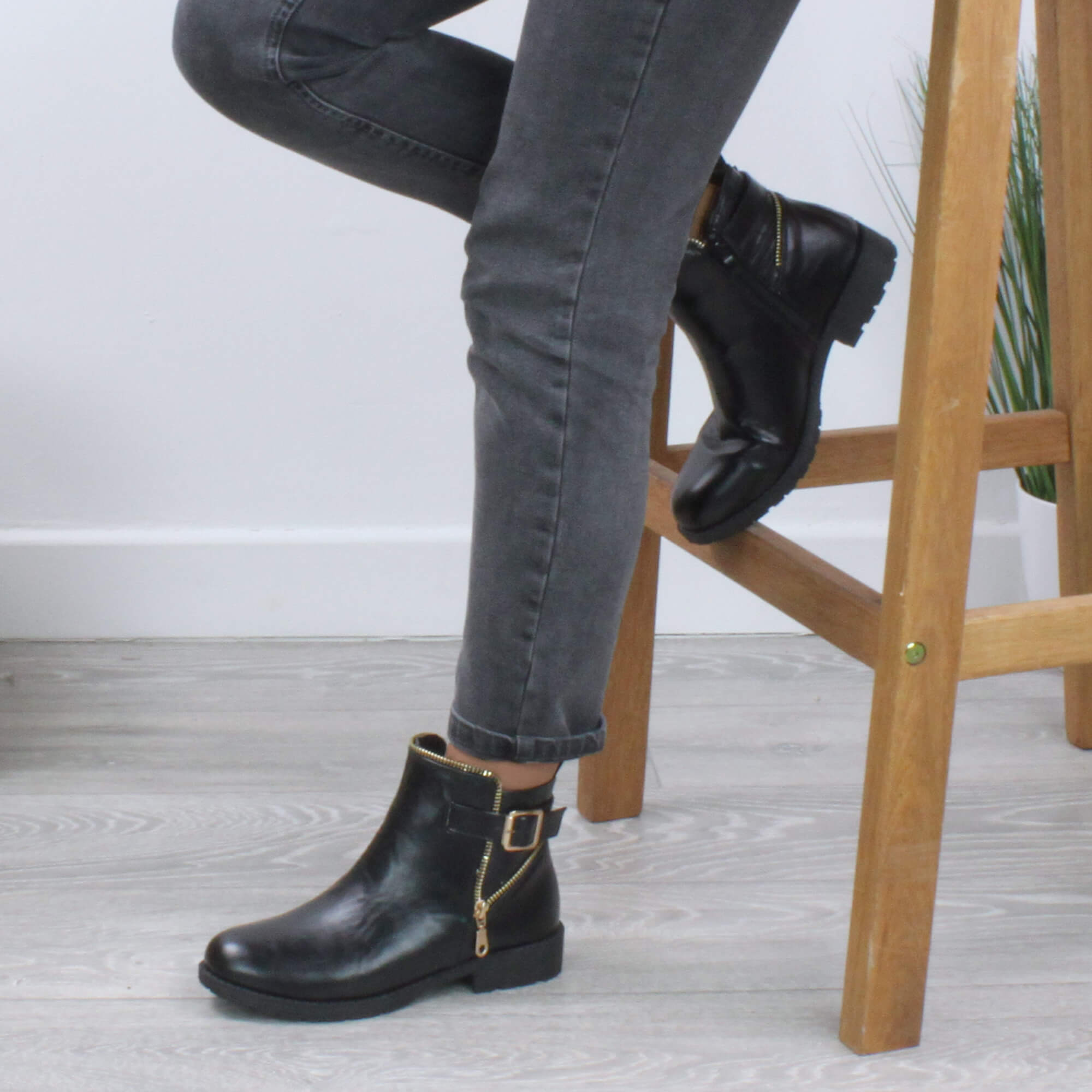 Black Low Heel Gold Zip Ankle Boots, Image 5 of 6