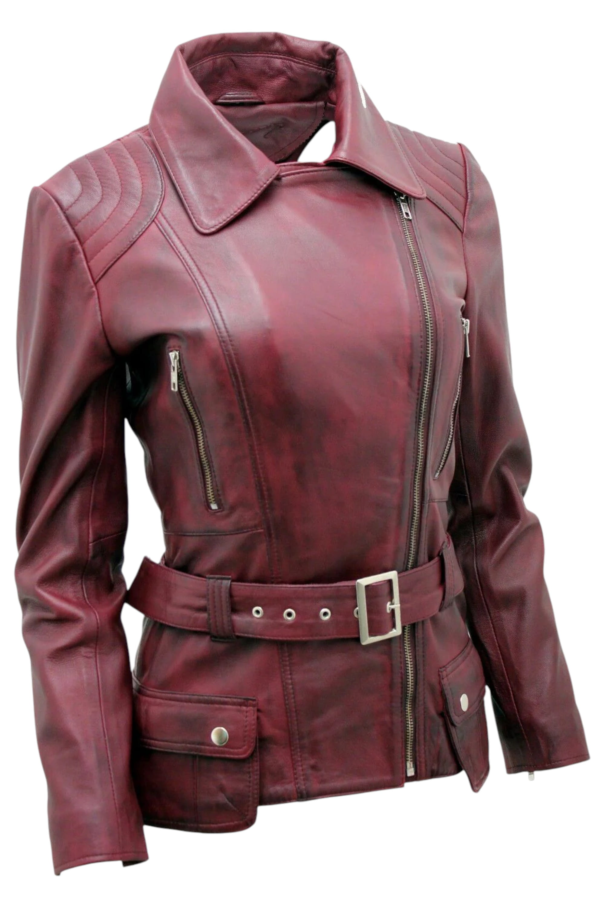Burgundy Womens Long Leather Biker Jacket-Quito, Image 2 of 4