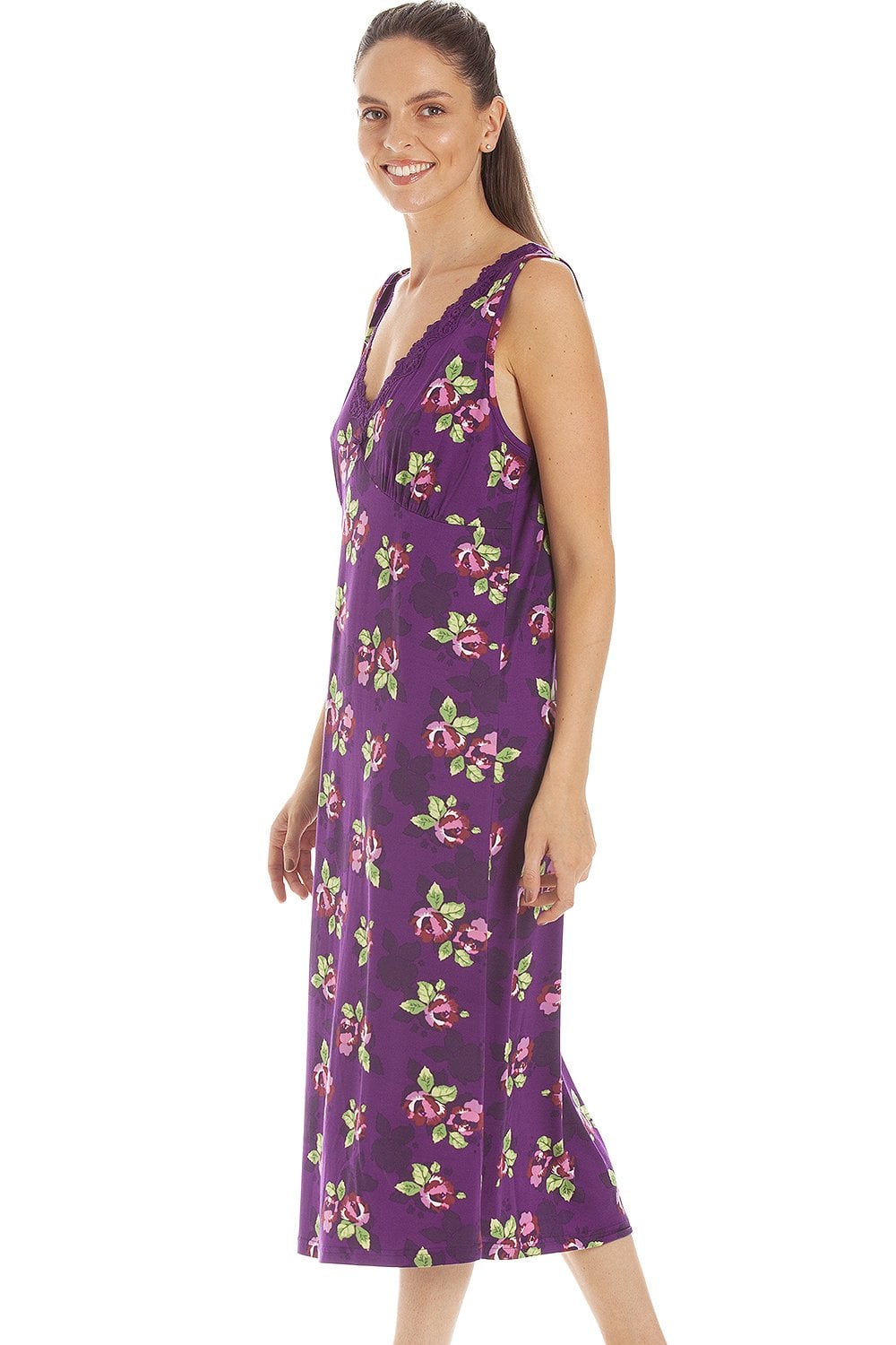Purple Camille Lingerie Purple Floral Print Spandex Knee Length Chemise, Image 2 of 5