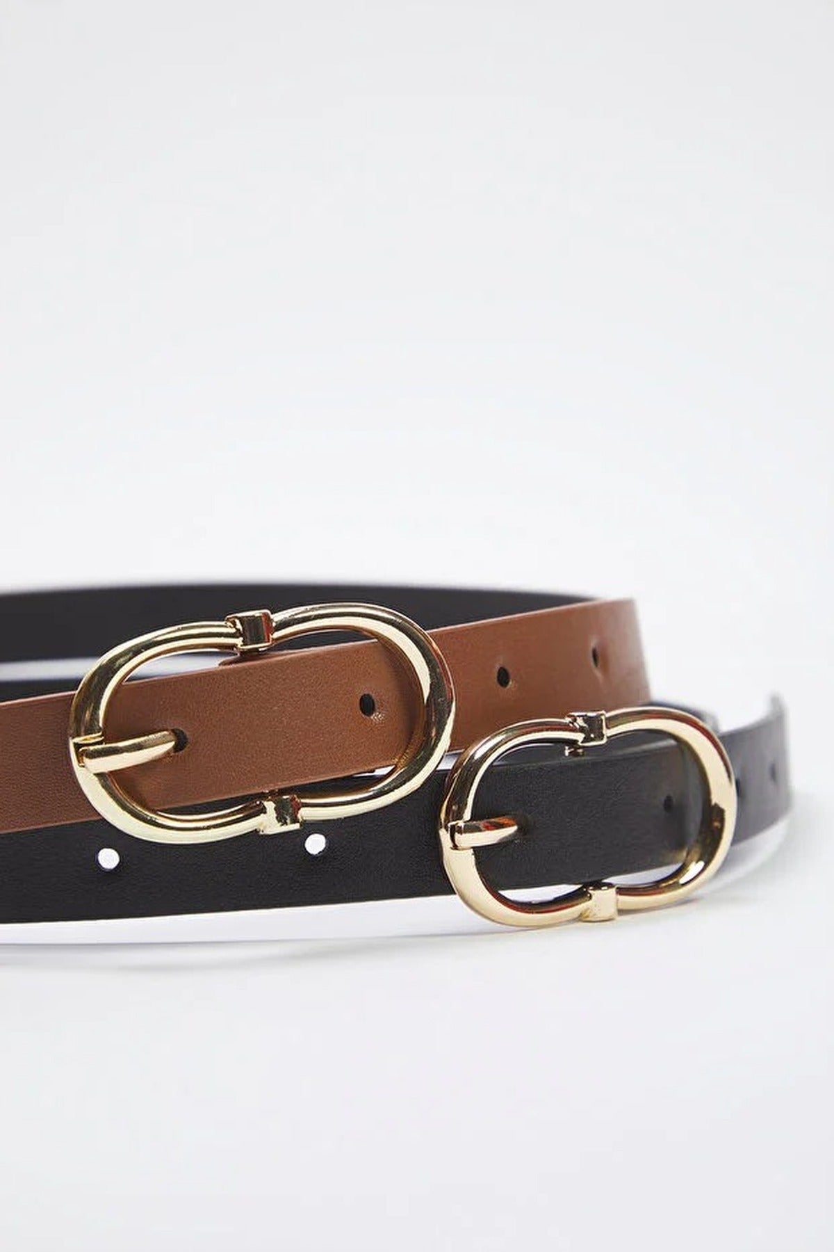 Multi Double Pack Gold Oval Buckle Slim Faux Leather Belt, Image 2 of 3