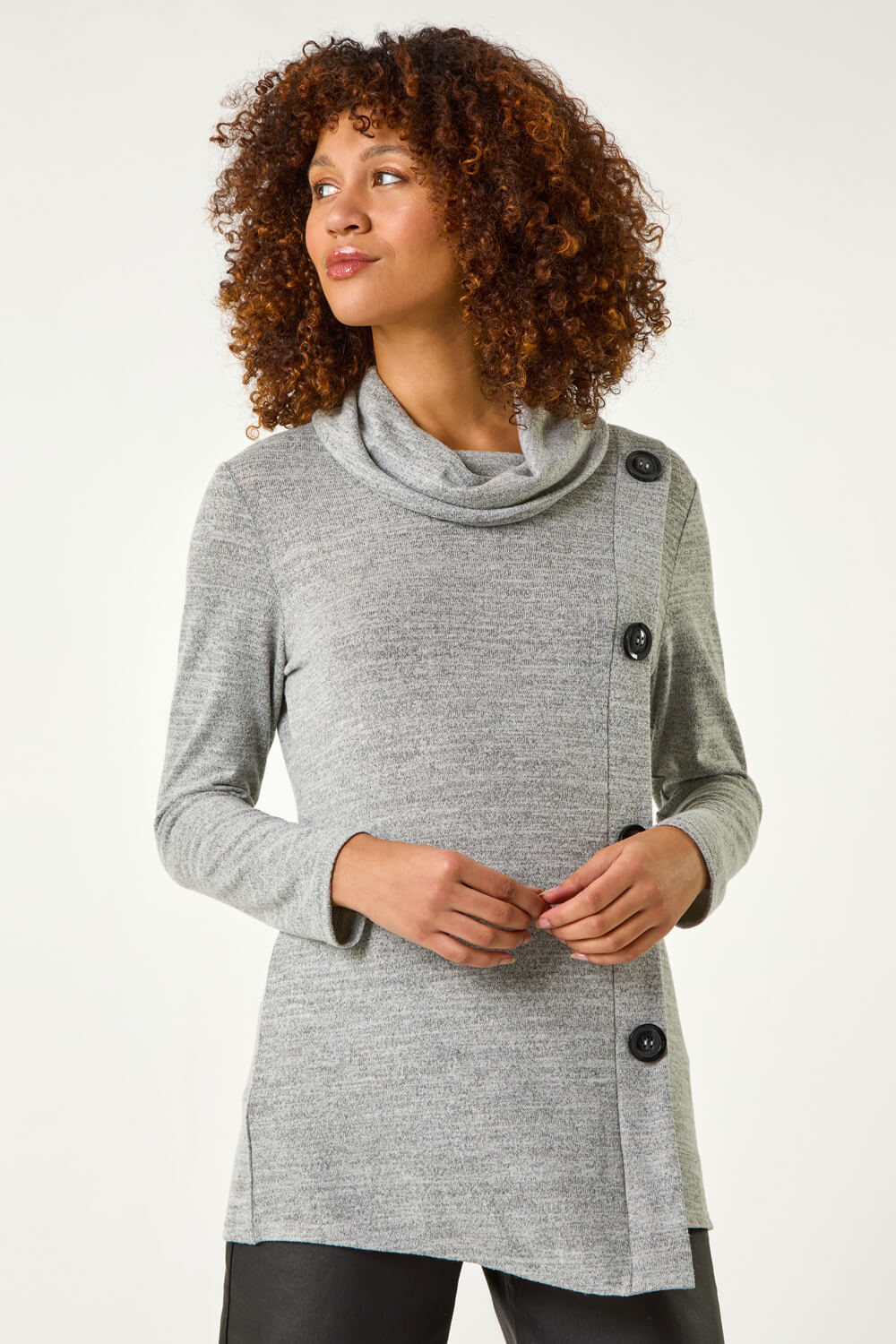 Grey Cowl Neck Button Stretch Top, Image 5 of 5
