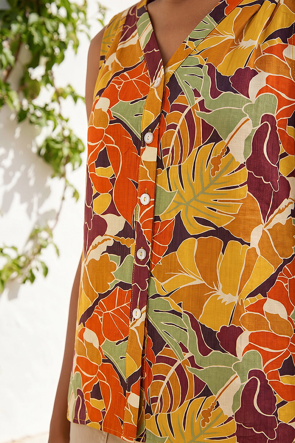 ORANGE Leaf Print V-Neck Blouse, Image 5 of 4