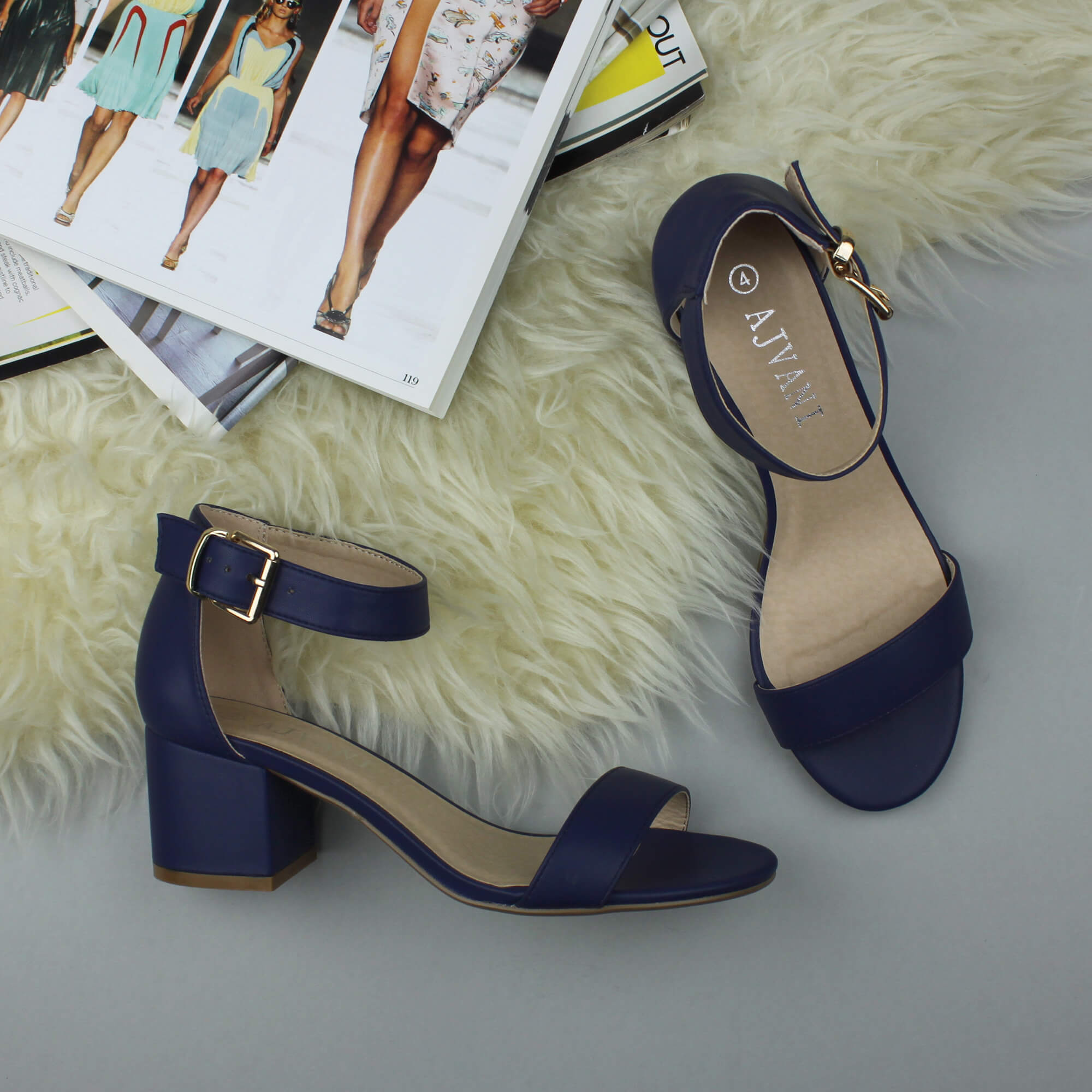 Navy Blue AJVANI Navy Blue Mid Block Heel Ankle Strap Sandals, Image 4 of 6