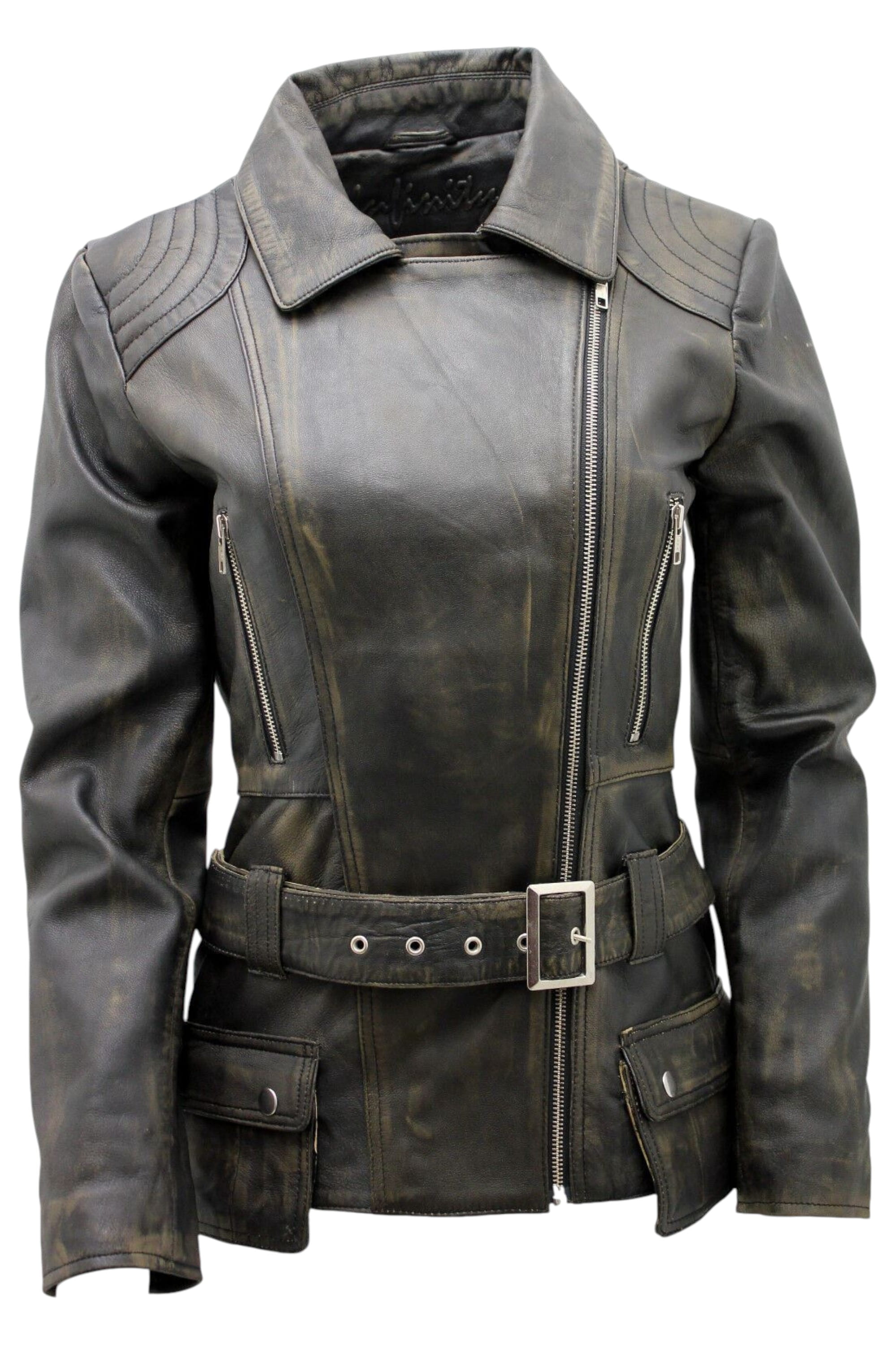 Charcoal Womens Long Leather Biker Jacket-Quito, Image 1 of 2