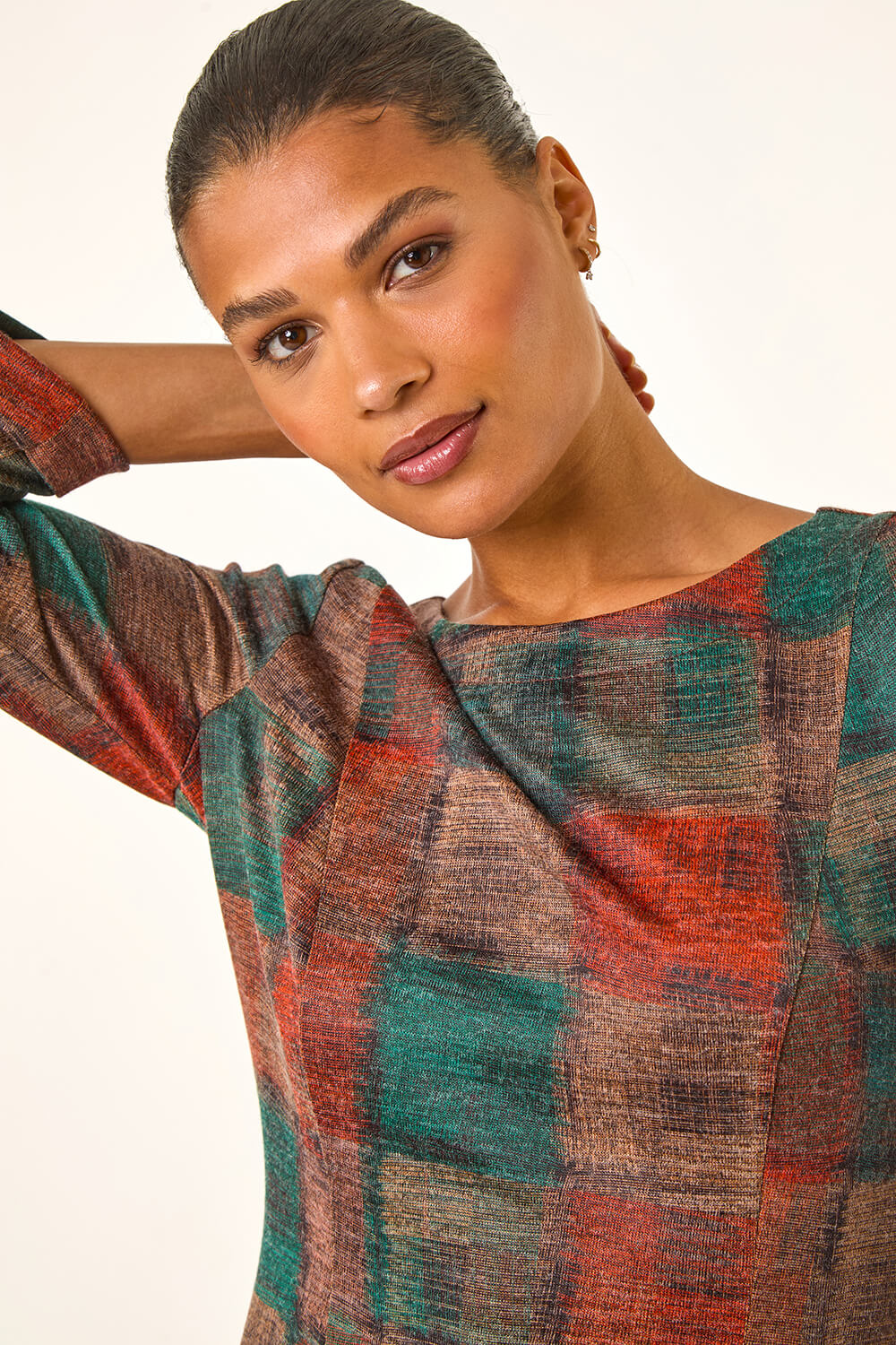 Dark Orange Patchwork Print Shift Pocket Dress, Image 5 of 5