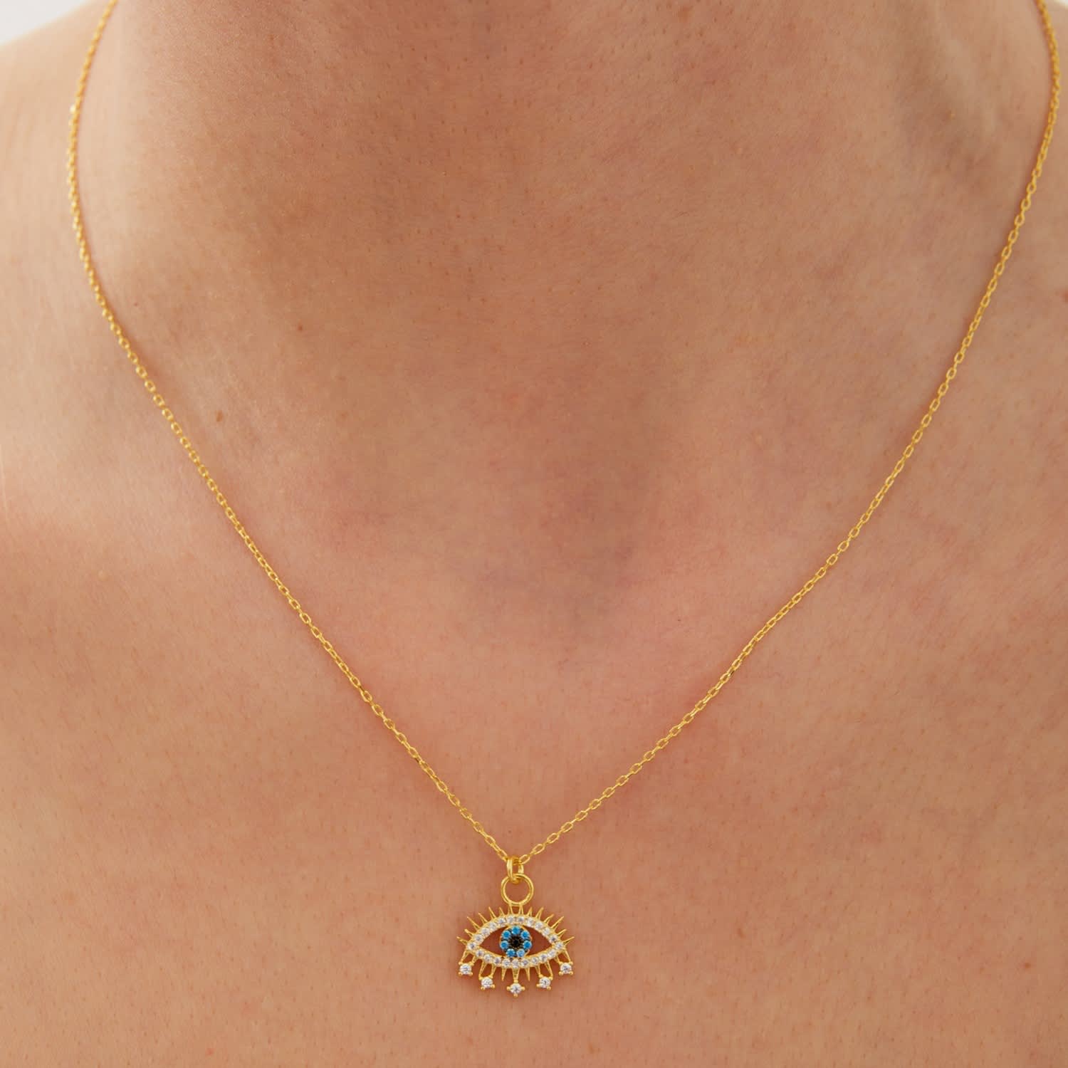 Gold Evil Eye Blue Eye Eyelash Sterling Silver Pendant Necklace, Image 2 of 5