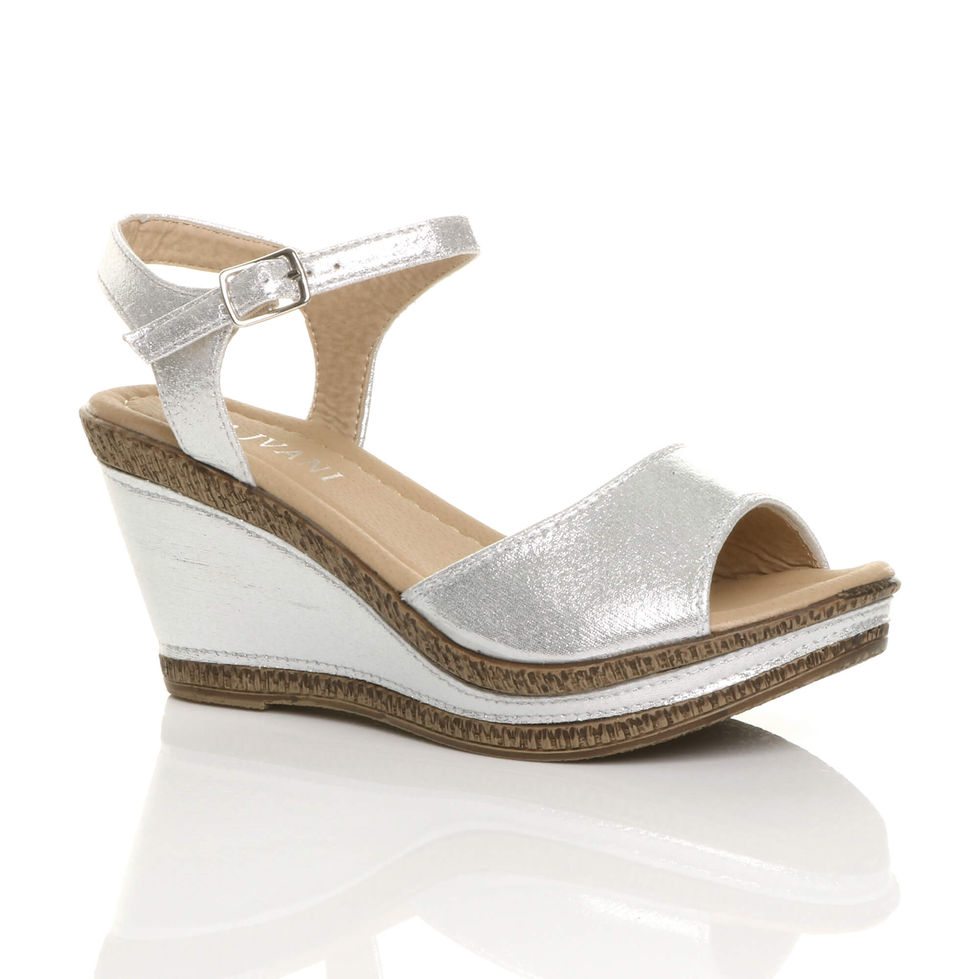 Metallic High Wedge Heel Ankle Strap Cork Sandals